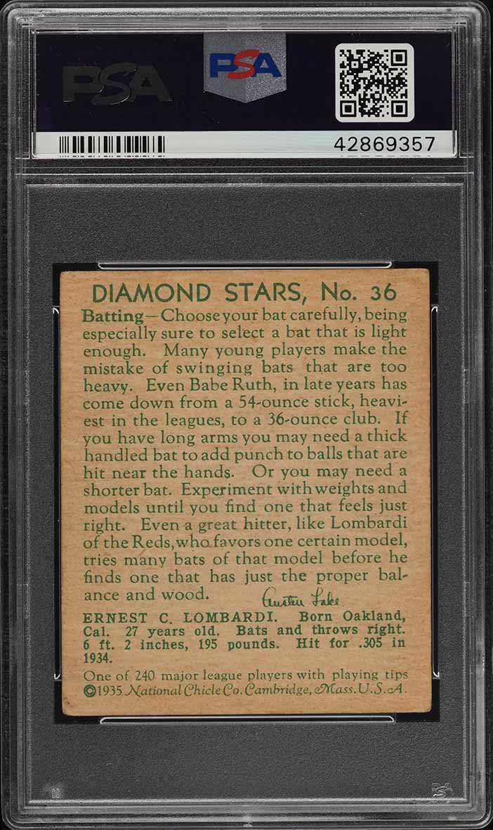 1935 Diamond Stars Ernie (Earnie) Lombardi #36 PSA 4 VG-EX