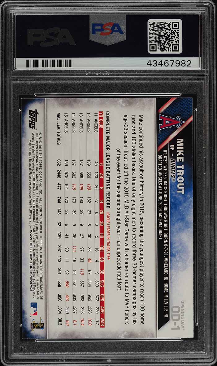 2016 Topps Opening Day Purple Foil Mike Trout #OD-1 PSA 9 MINT on