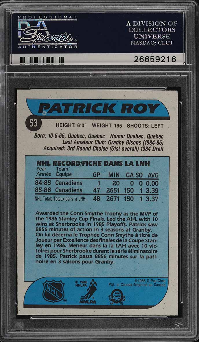 1986 O-Pee-Chee Hockey Patrick Roy ROOKIE #53 PSA 7 NRMT