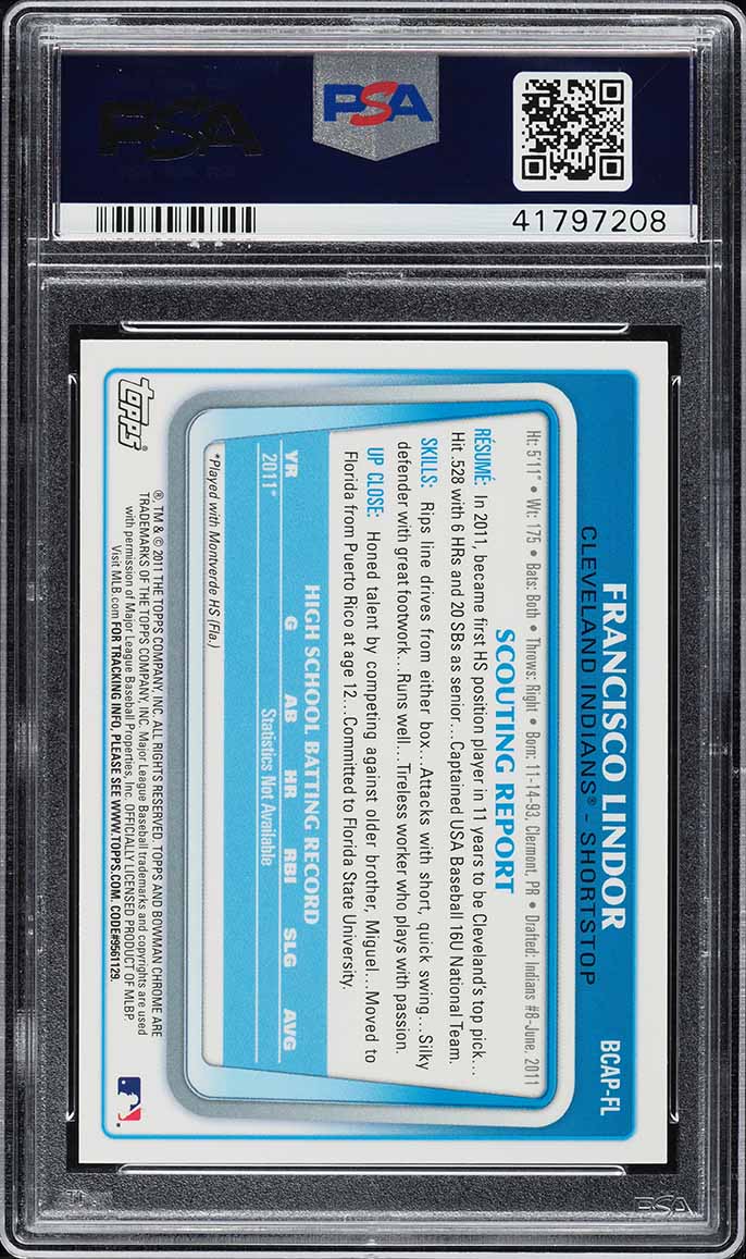 2011 Bowman Chrome Draft Francisco Lindor ROOKIE AUTO #BCAPFL PSA 10 GEM MINT