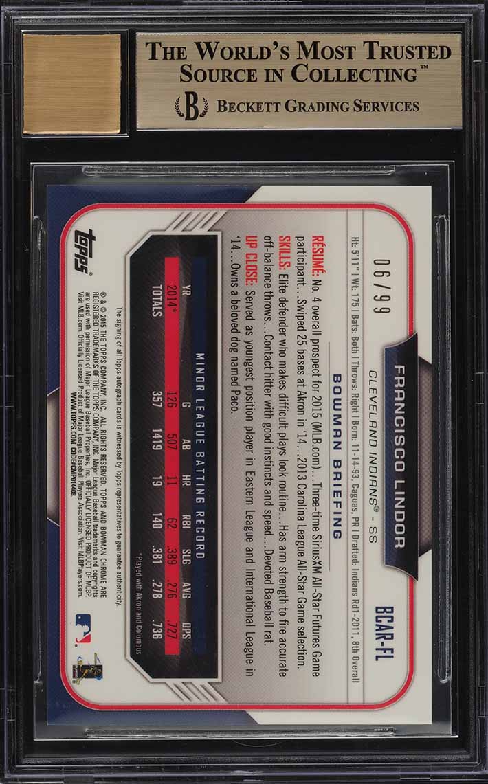 2015 Bowman Chrome Green Refractor Francisco Lindor RC AUTO /99 BGS 9.5