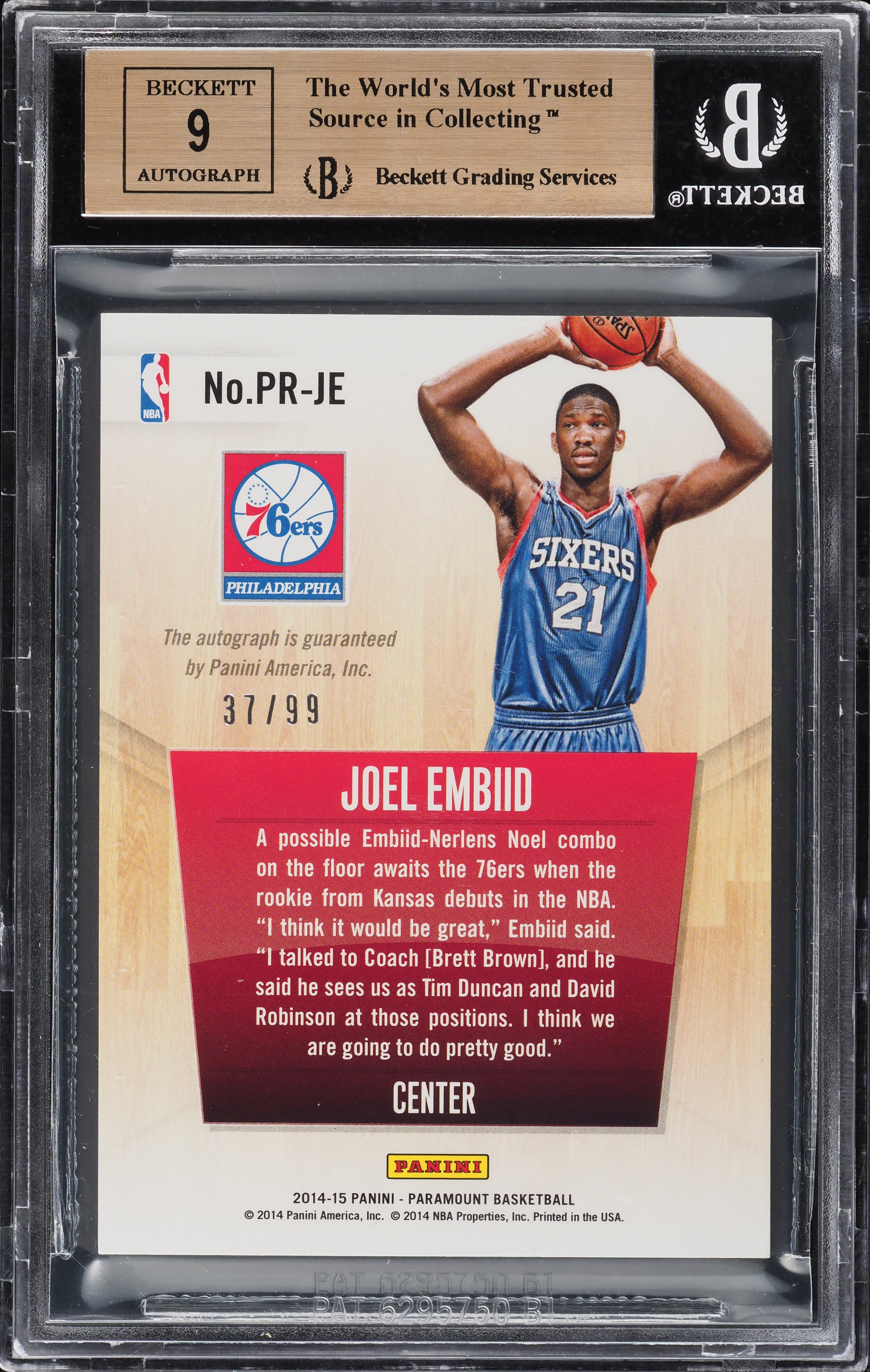 2014 Paramount Penmanship Joel Embiid ROOKIE AUTO /99 #3 BGS 9.5
