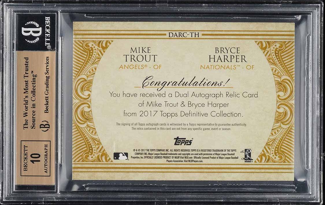 2017 Topps Definitive Dual Mike Trout Bryce Harper PATCH AUTO /10 BGS 9.5
