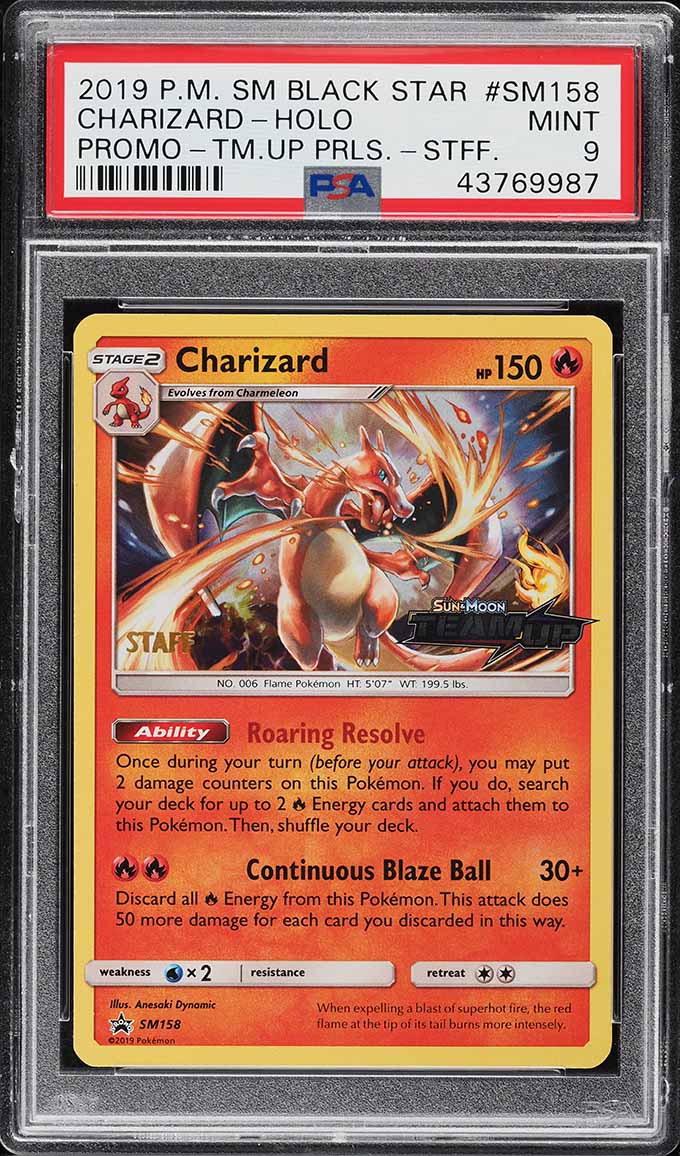 2019 Pokemon SM Black Star Promo Team Up Prerelease Staff Holo Charizard PSA 9