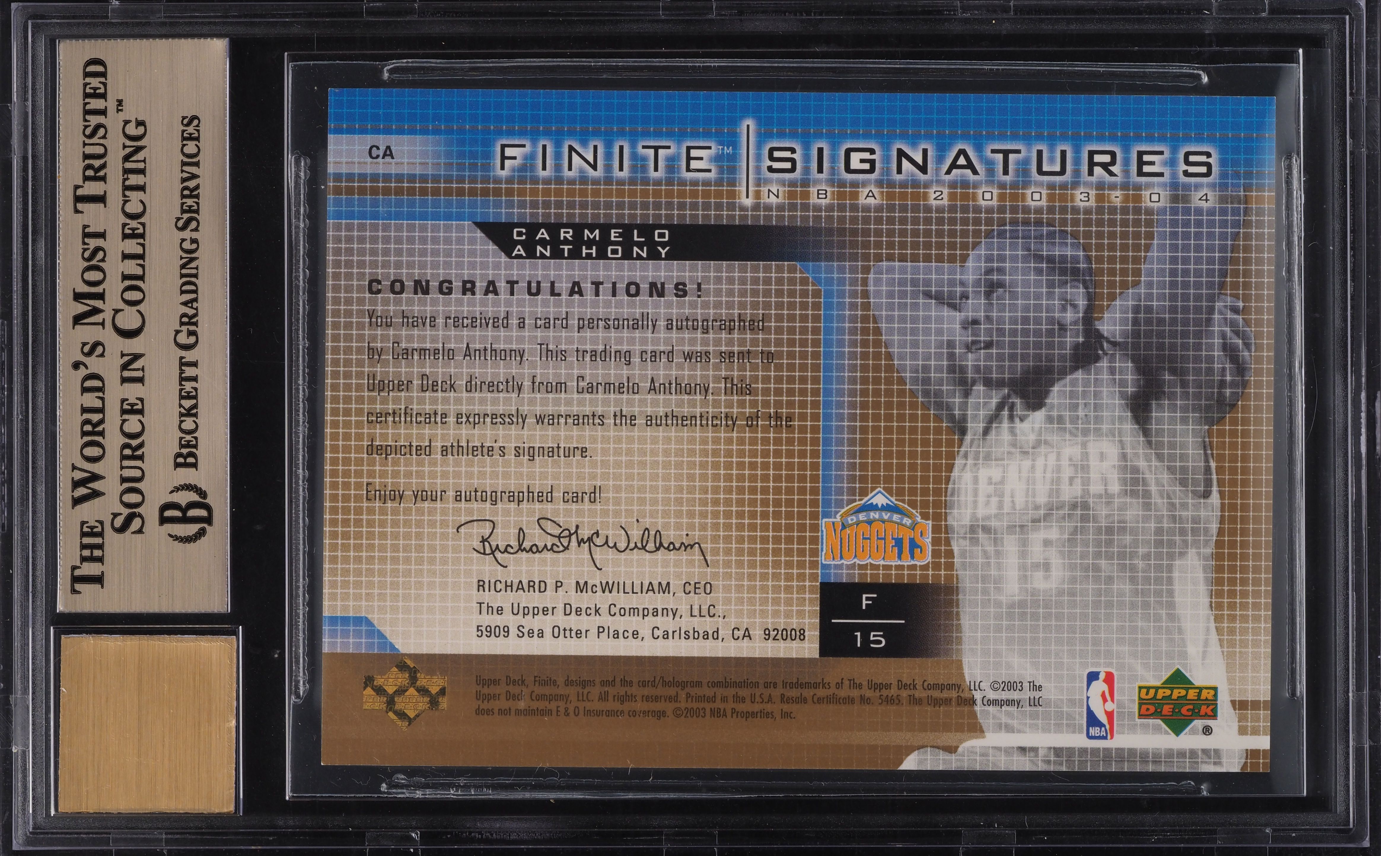 2003 Upper Deck Finite Gold Carmelo Anthony ROOKIE AUTO /10 #CA 