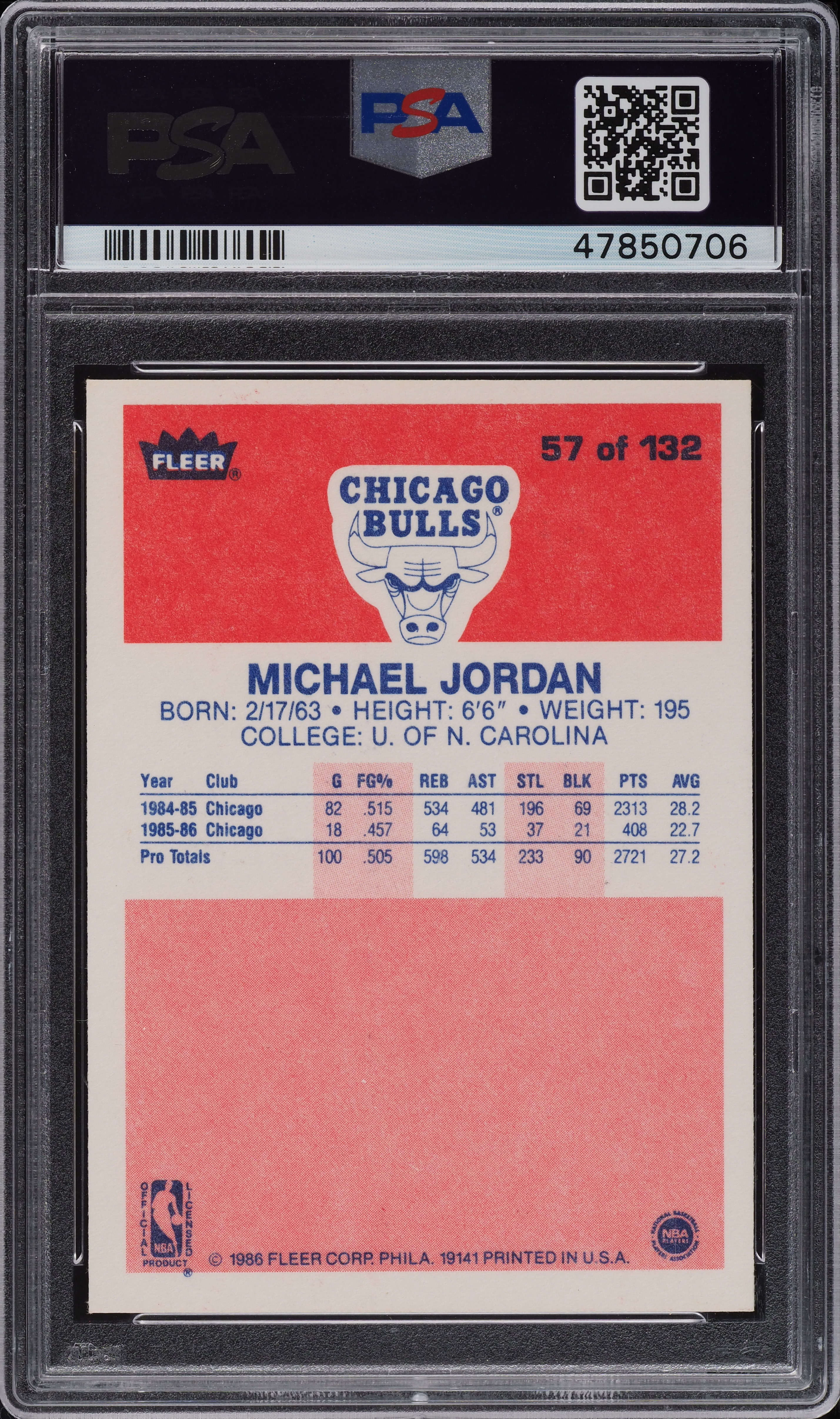 1986 Fleer Basketball Michael Jordan ROOKIE #57 PSA 8 NM-MT on 