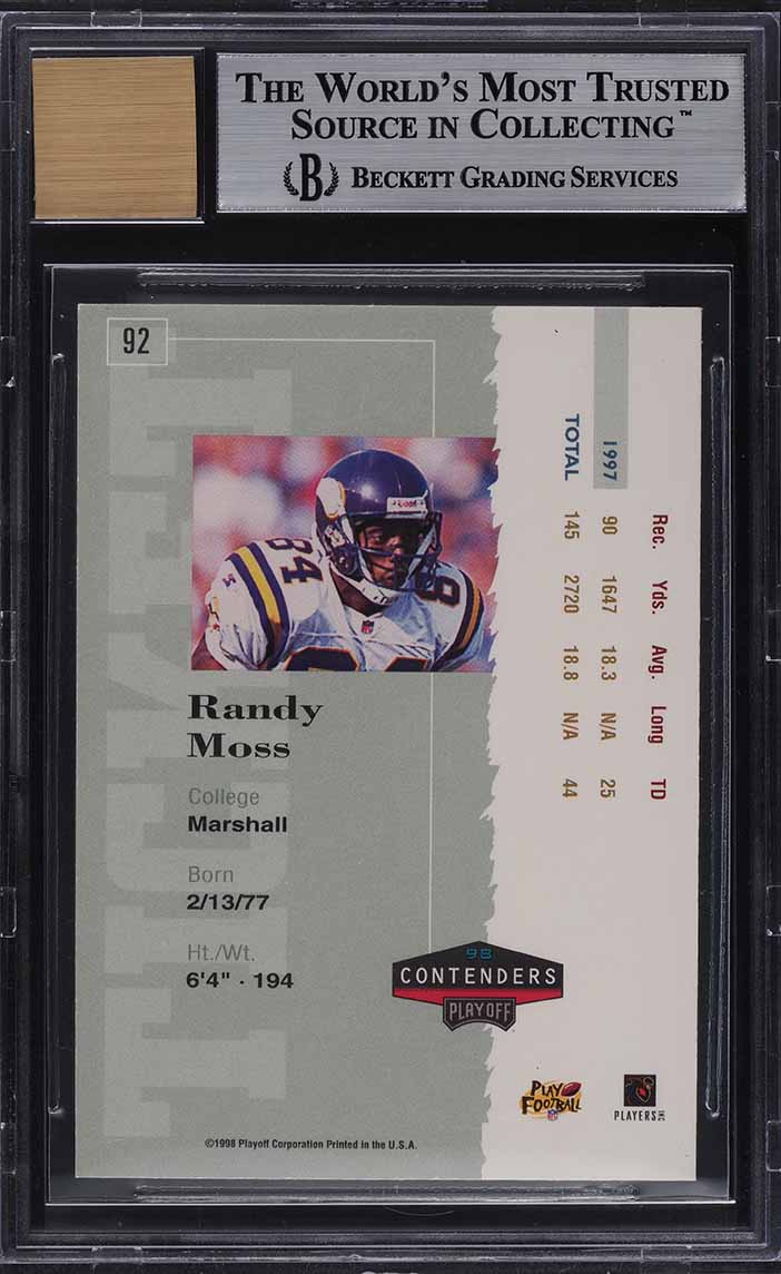 1998 Playoff Contenders Ticket Randy Moss ROOKIE RC AUTO #92 BGS 8.5 NM-MT+
