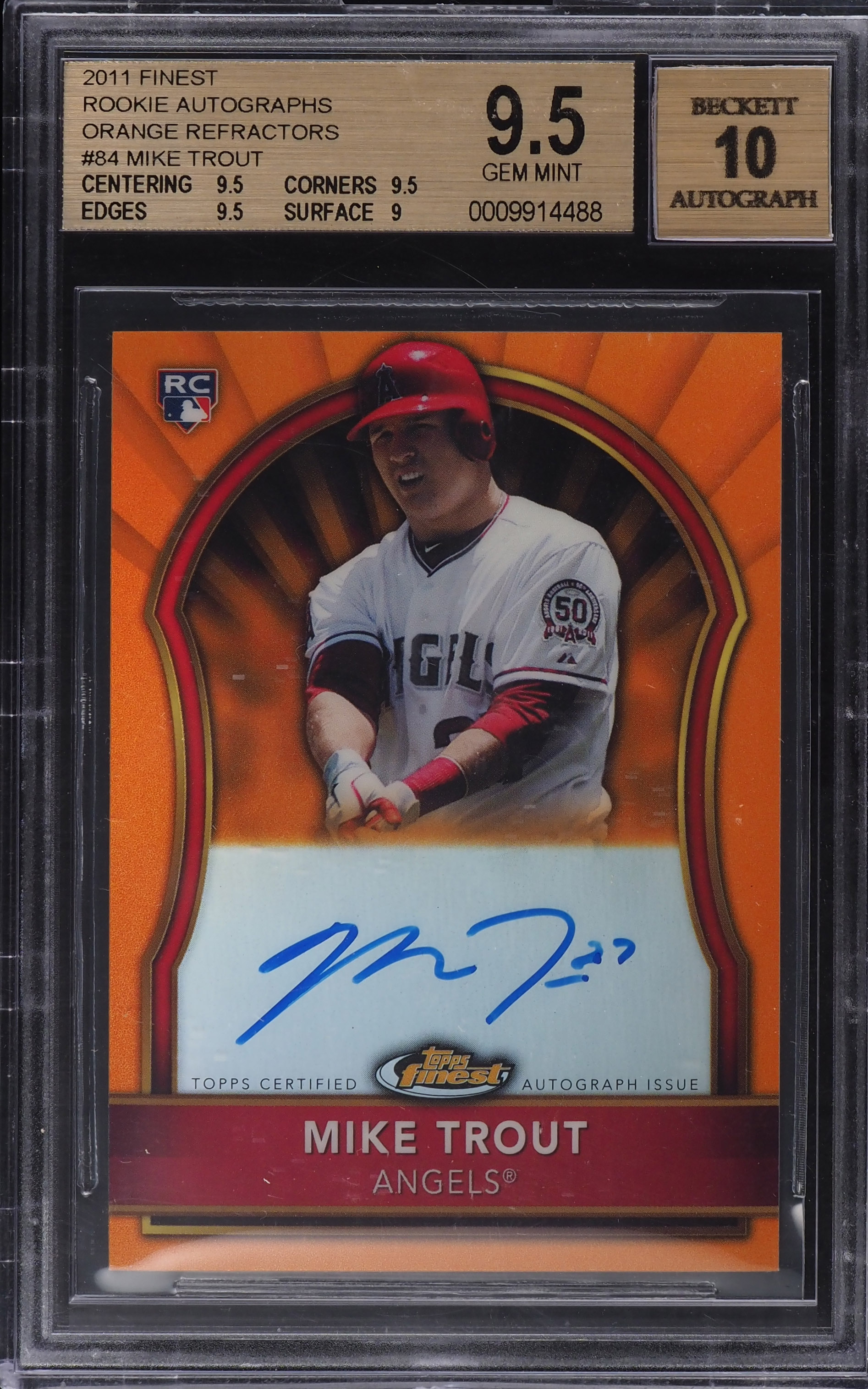 2011 Finest Orange Refractor Mike Trout ROOKIE AUTO /99 #84 BGS