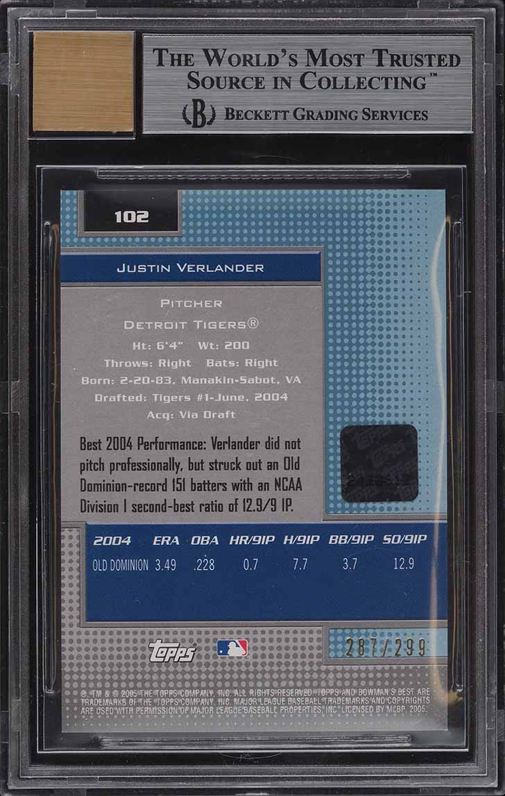 2005 Bowman's Best Blue Justin Verlander ROOKIE RC AUTO /299 #102 BGS 9 MINT
