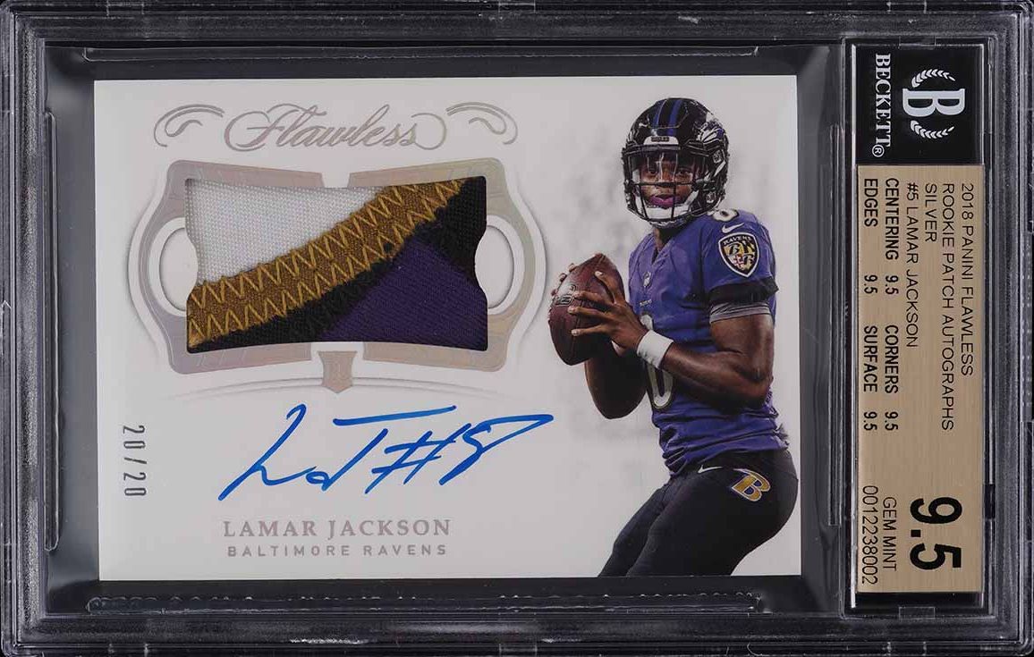 2018 Panini Flawless Silver Lamar Jackson ROOKIE PATCH AUTO /20 BGS 9.5 GEM