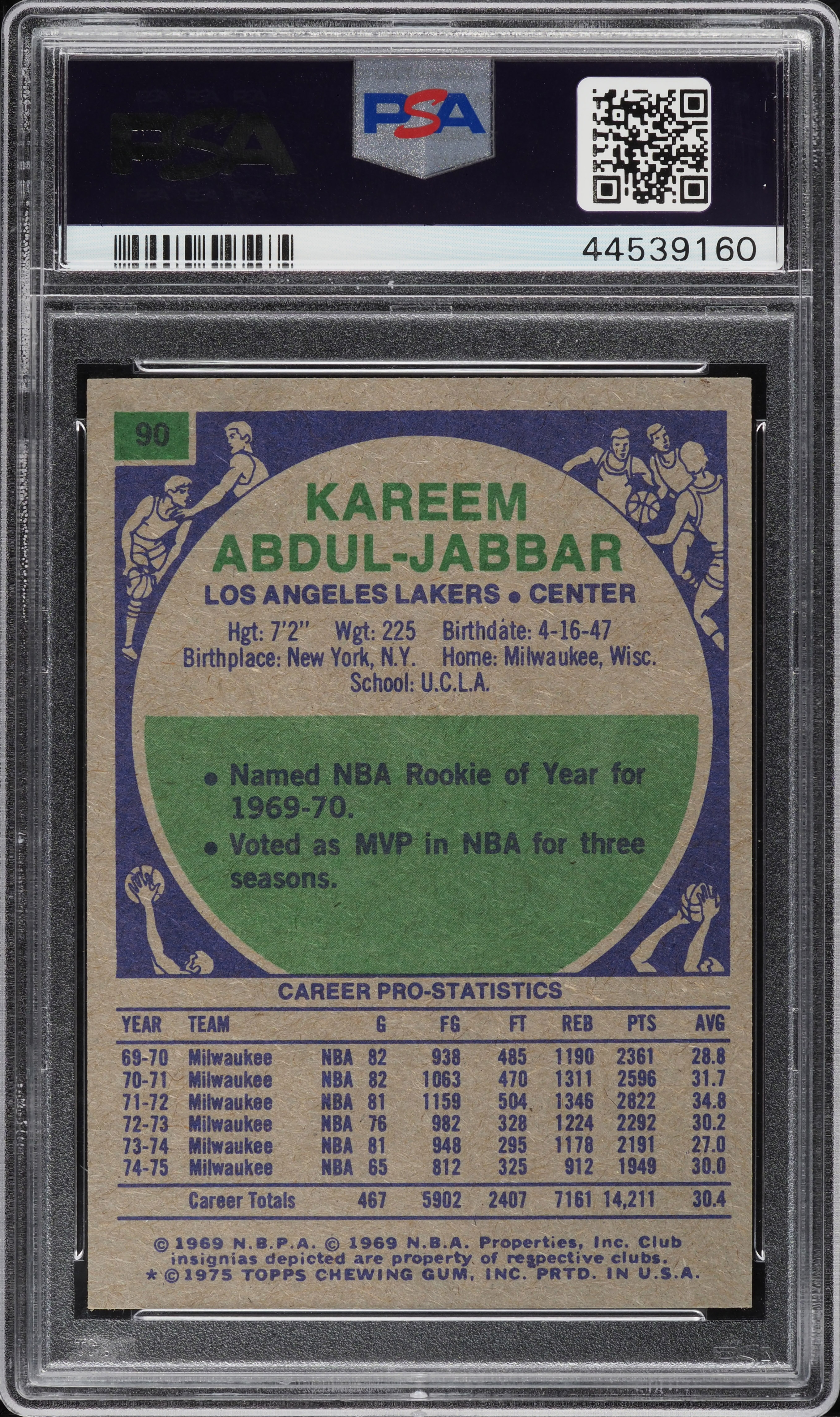 1975 Topps Basketball Kareem Abdul-Jabbar #90 PSA 10 GEM MINT on