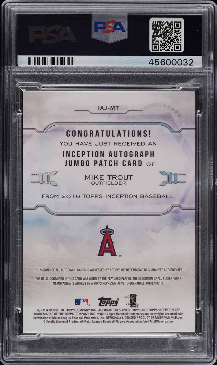 2019 Topps Inception Jumbo Mike Trout PATCH AUTO /15 #IAJ-MT PSA 10 GEM MINT