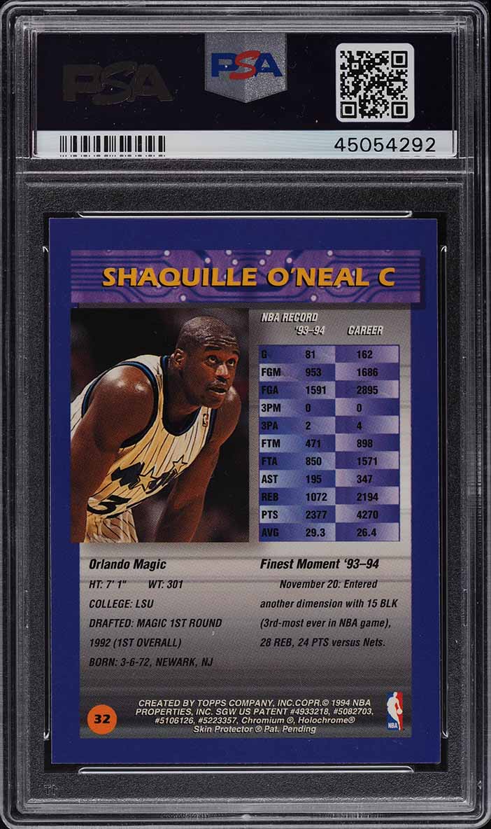 1994 Finest Refractor Shaquille O'Neal #32 PSA 10 GEM MINT