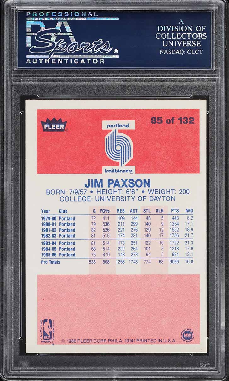 1986 Fleer Basketball Jim Paxson #85 PSA 10 GEM MINT