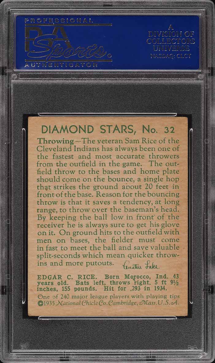 1935 Diamond Stars Sam Rice #32 PSA 5 EX