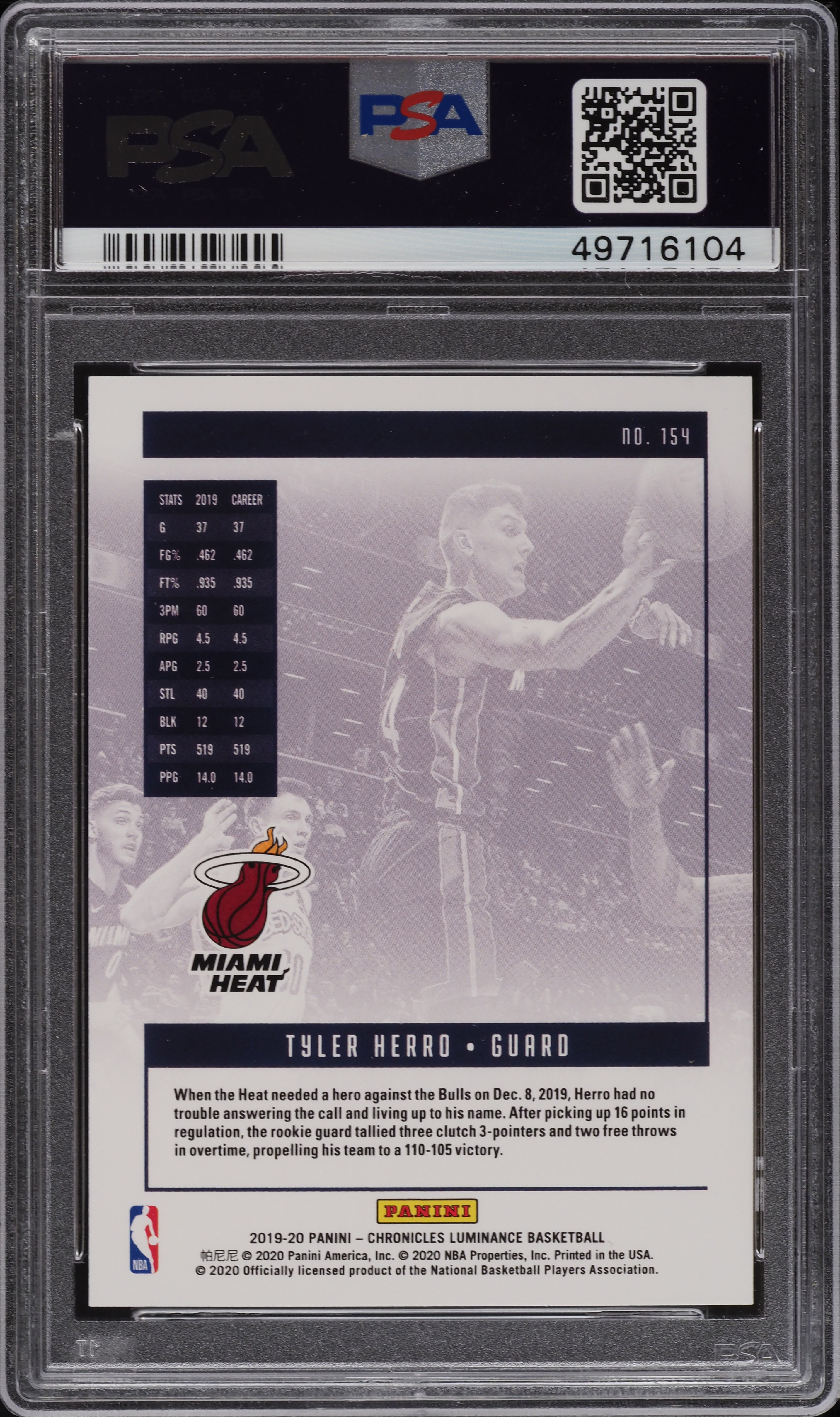 2019 Panini Chronicles Pink Tyler Herro ROOKIE #154 PSA 10 GEM