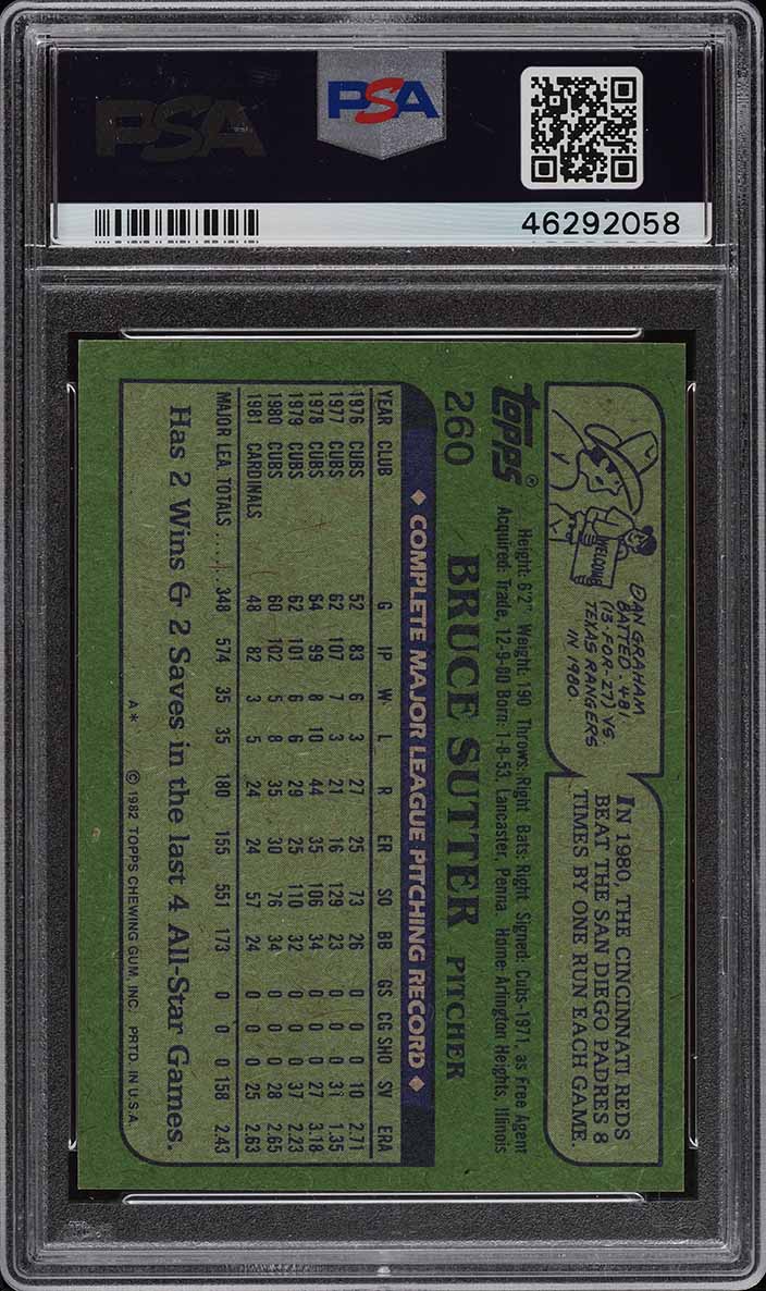 1982 Topps Bruce Sutter BLACKLESS #260 PSA 7 NRMT