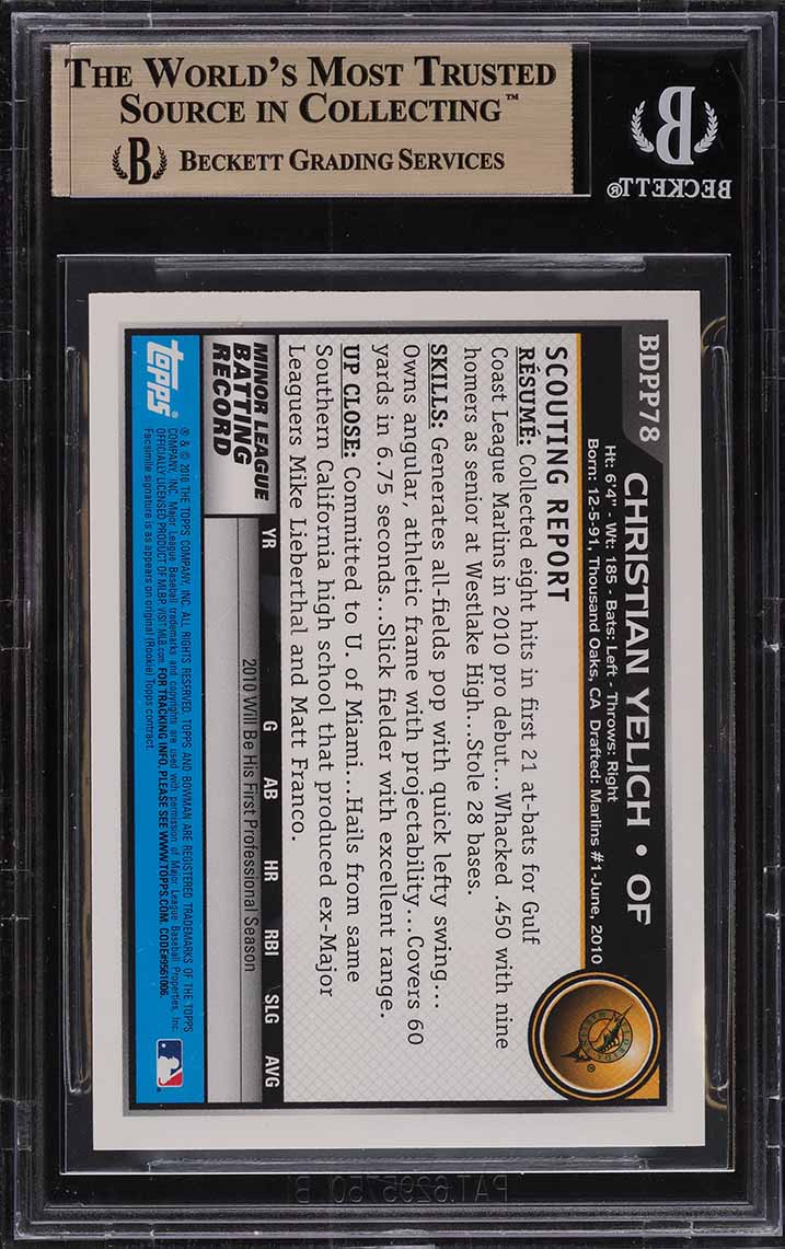 2010 Bowman Draft Prospects Christian Yelich ROOKIE #BDPP78 BGS 9.5 GEM MINT