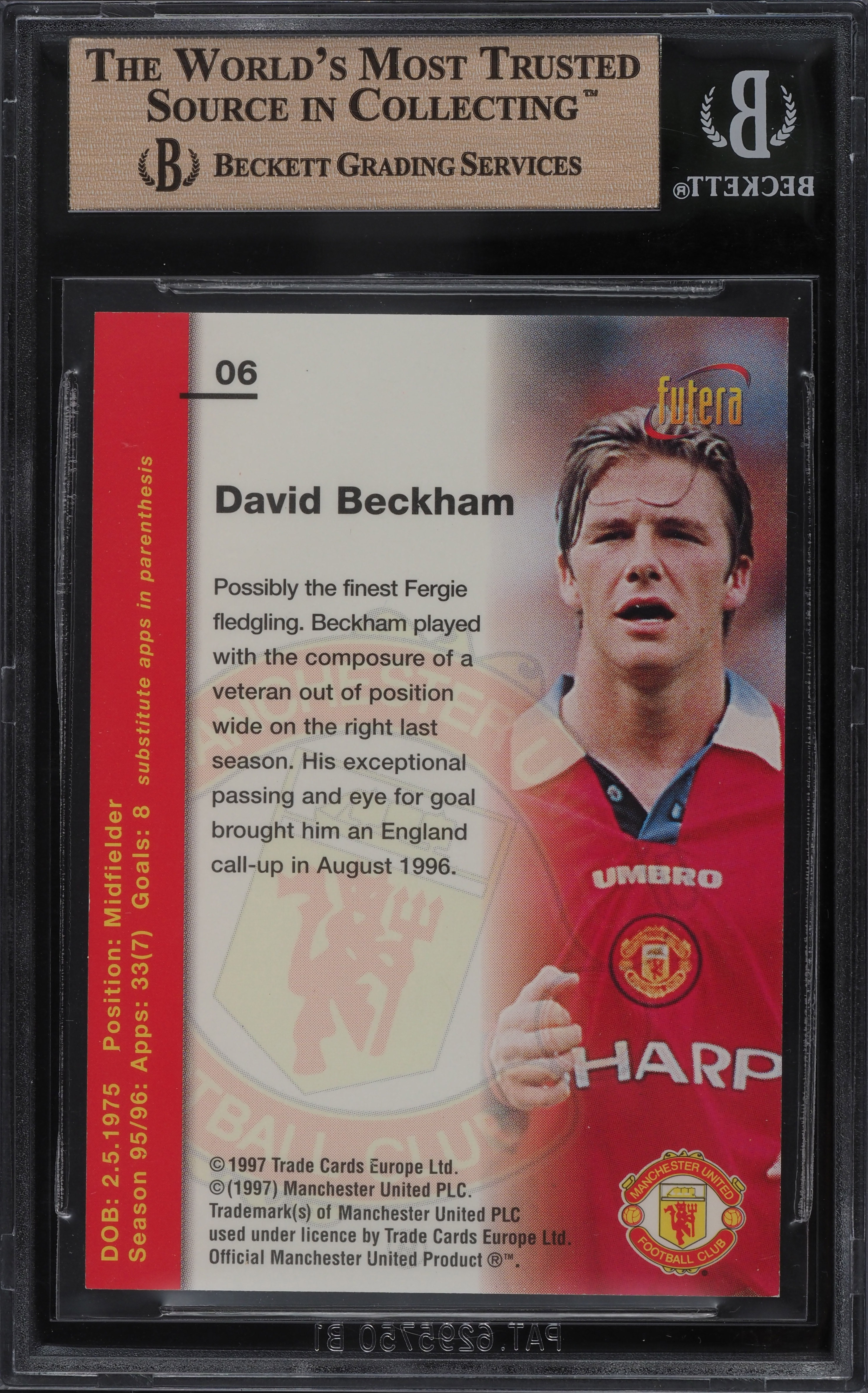 1997 Manchester United Futera David Beckham #6 BGS 9.5 GEM MINT on 
