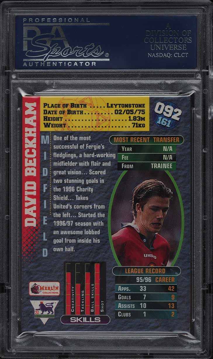 1997 Merlin's Premier Gold David Beckham #92 PSA 10 GEM MINT on