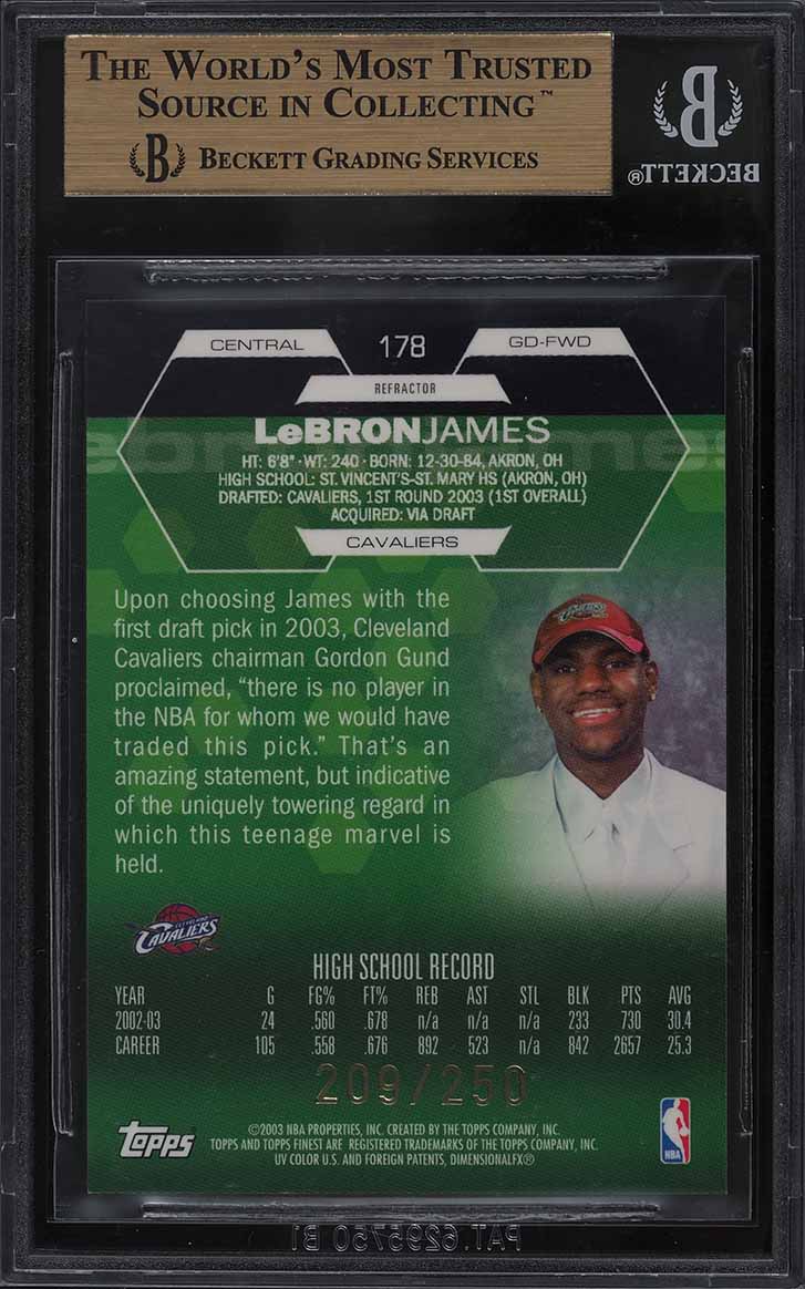 2002 Finest Refractor LeBron James ROOKIE /250 #178 BGS 9.5 GEM MINT