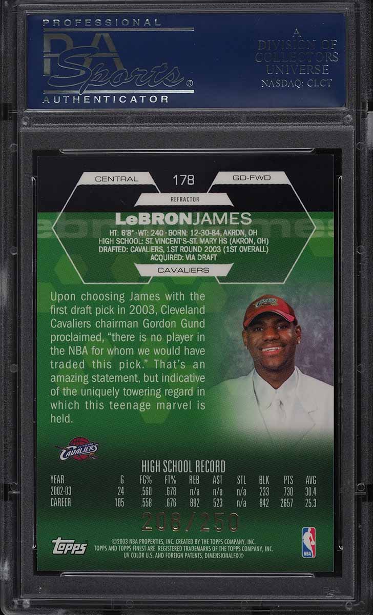 2002 Finest Refractor LeBron James ROOKIE RC /250 #178 PSA 10 GEM MINT