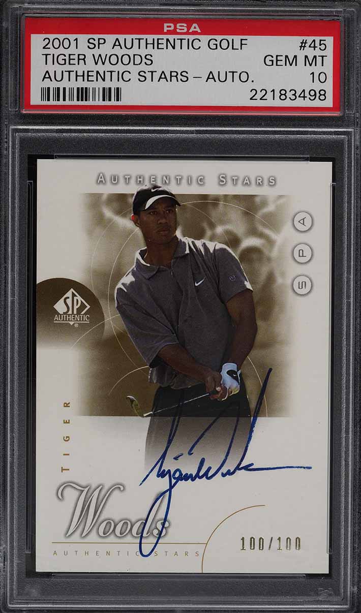 2001 SP Authentic Gold Tiger Woods ROOKIE AUTO /100 #45 PSA 10 GEM MINT