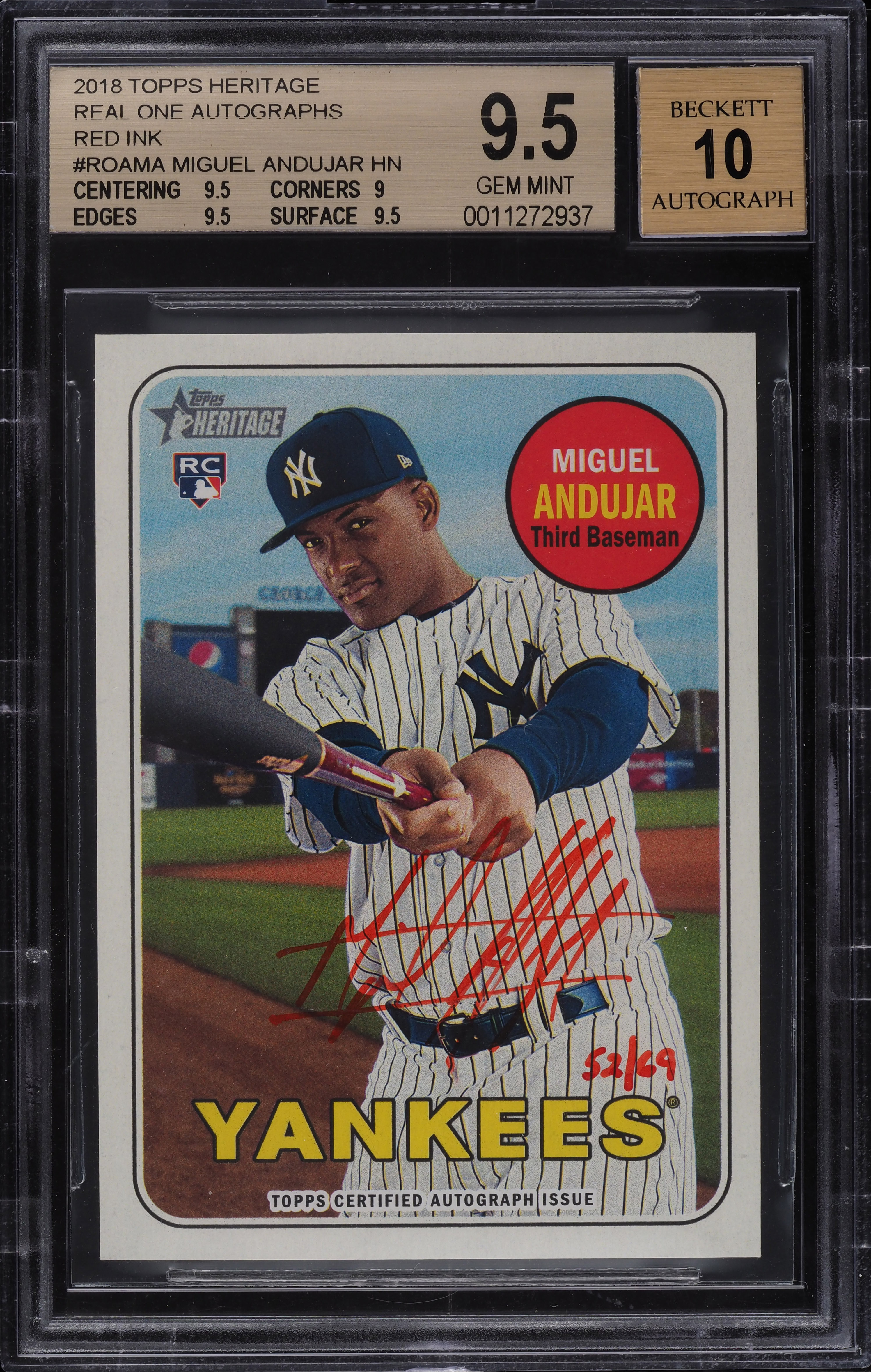 2018 Topps Heritage Real One Red Ink Miguel Andujar ROOKIE AUTO 