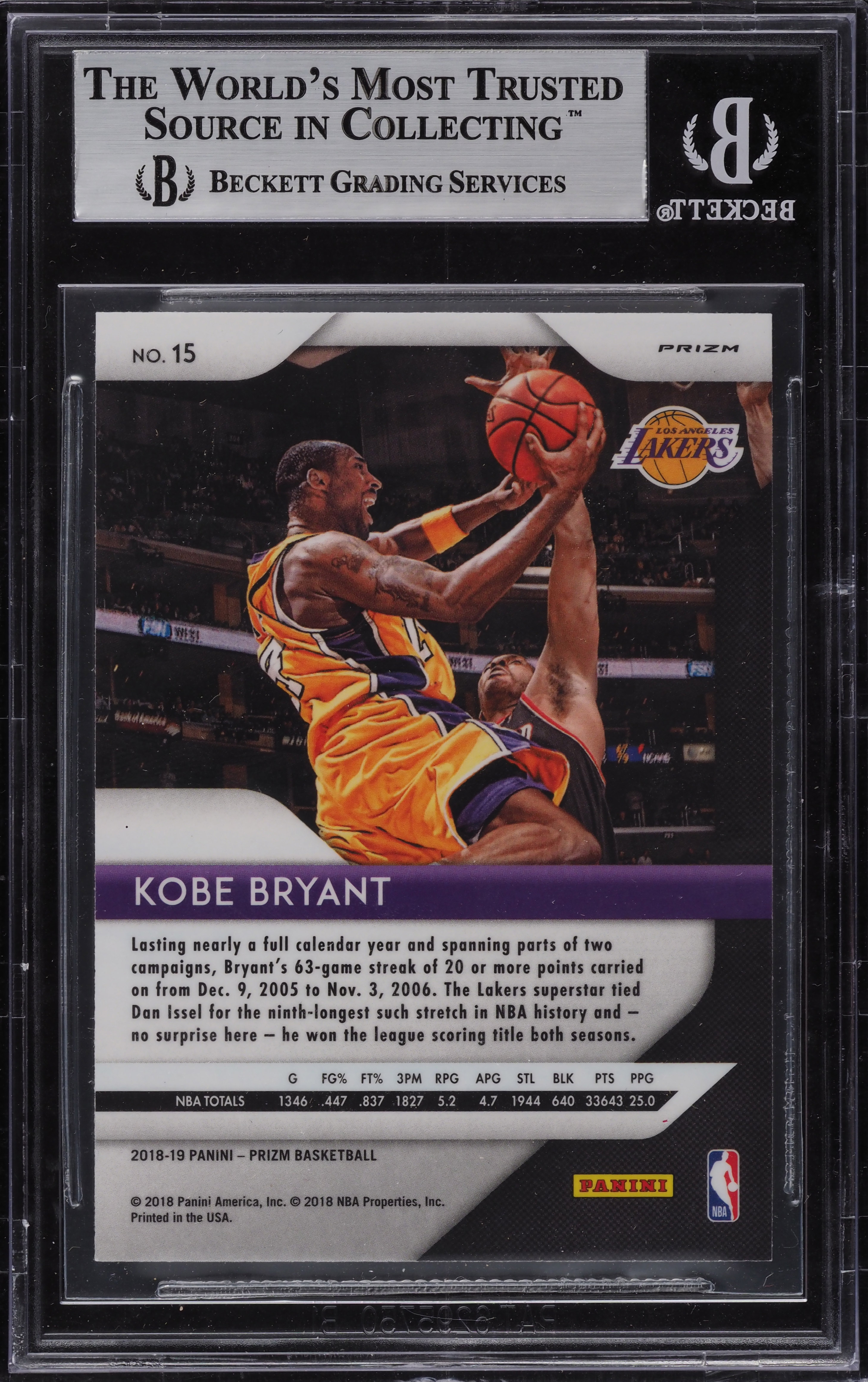 2018 Panini Prizm Silver Prizms Kobe Bryant #15 BGS 8.5 NM-MT+ on 