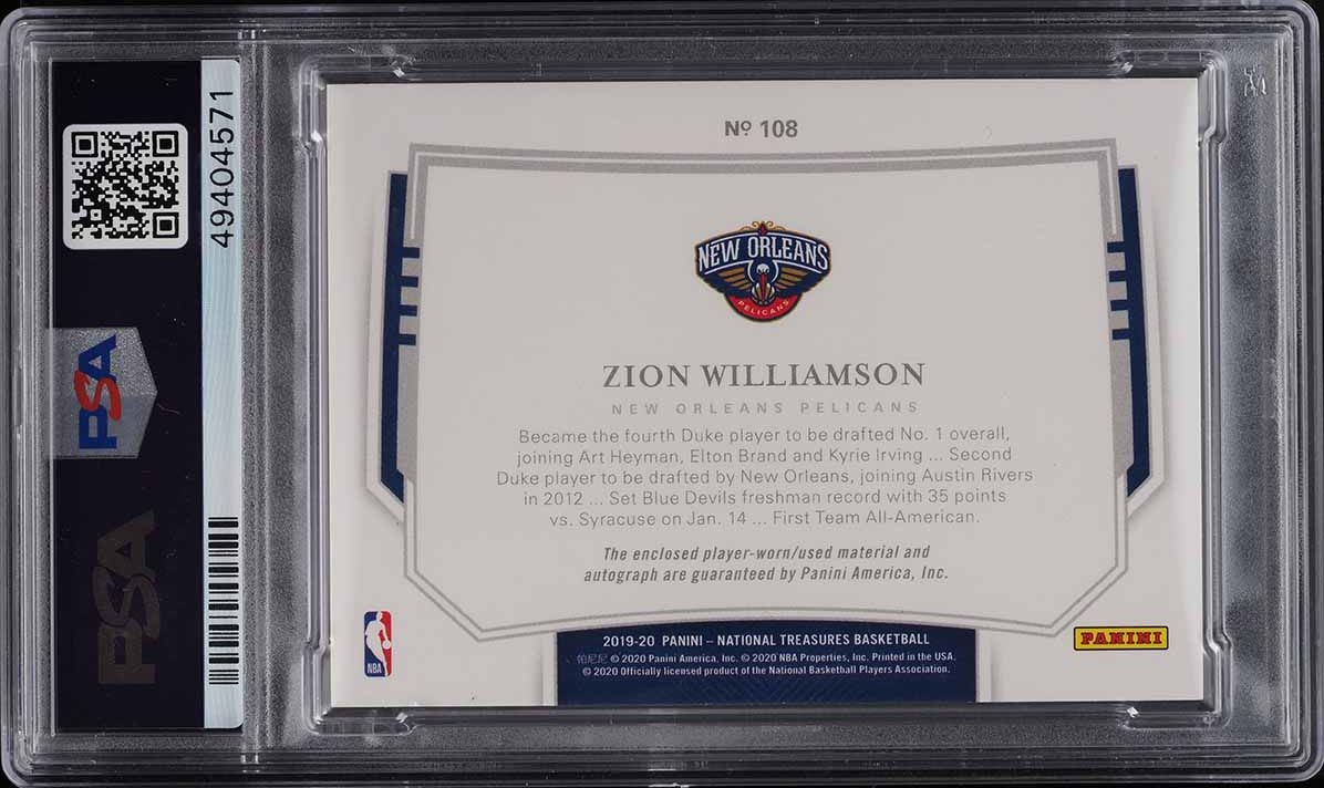 2019 National Treasures Zion Williamson ROOKIE PATCH AUTO /75 #108 PSA 9 MINT