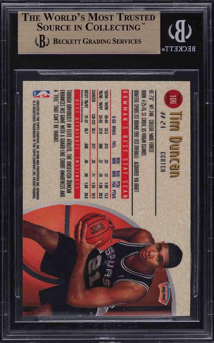 1997 Bowman's Best Atomic Refractor Tim Duncan ROOKIE #106 BGS 9.5 GEM MINT
