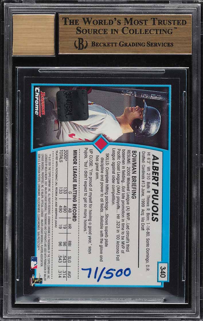 2001 Bowman Chrome Refractor Albert Pujols ROOKIE AUTO /500 #340 BGS 9.5