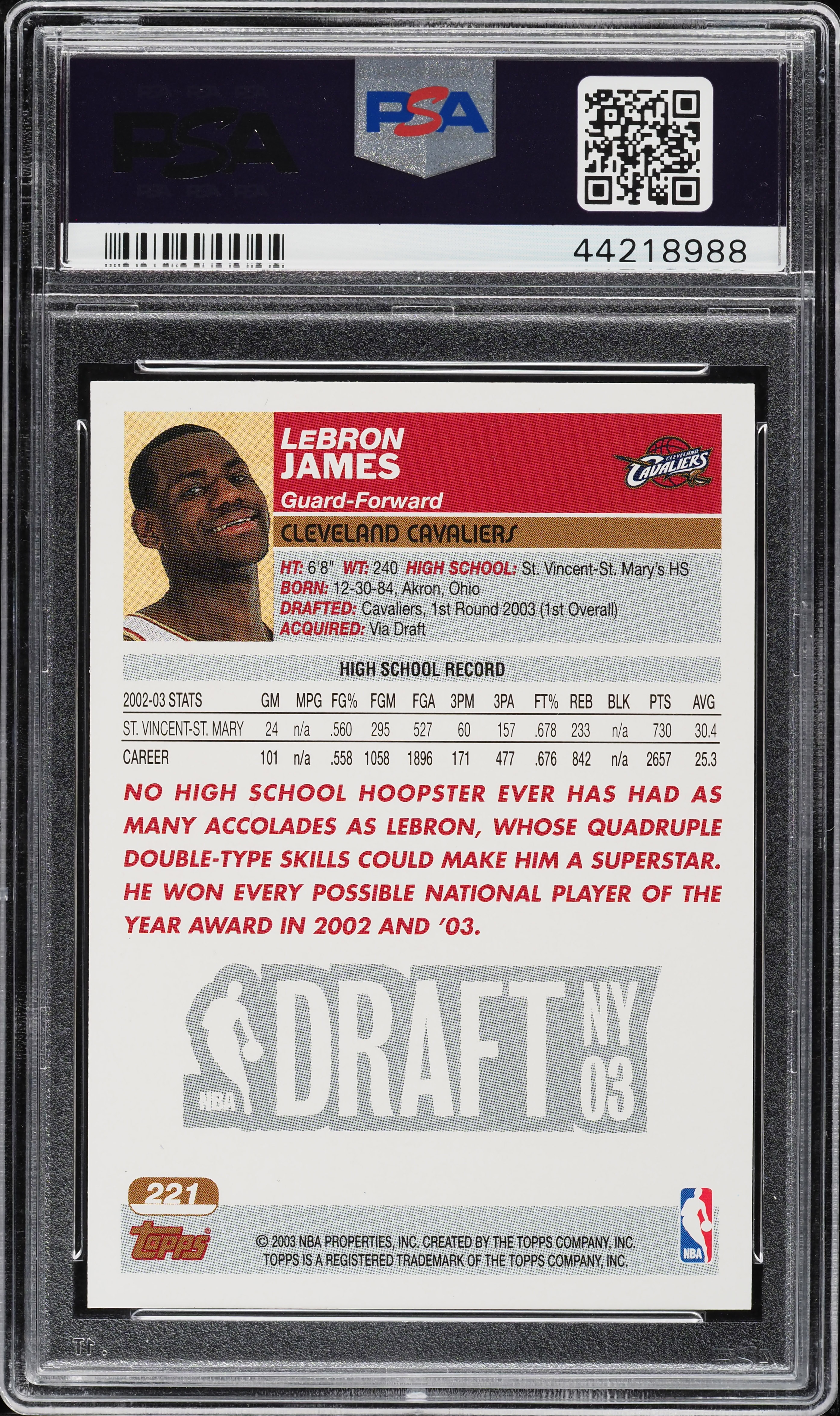 2003 Topps Basketball LeBron James ROOKIE RC #221 PSA 10 GEM MINT 