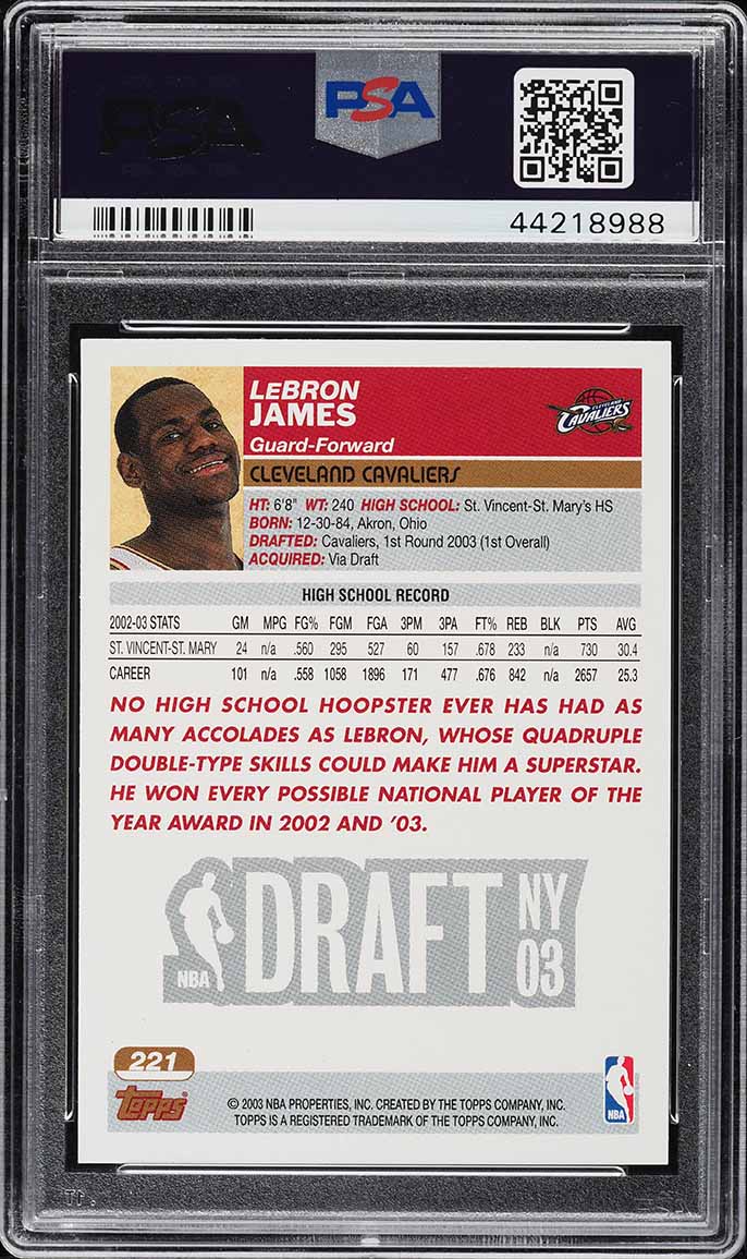 2003 Topps Basketball LeBron James ROOKIE RC #221 PSA 10 GEM MINT