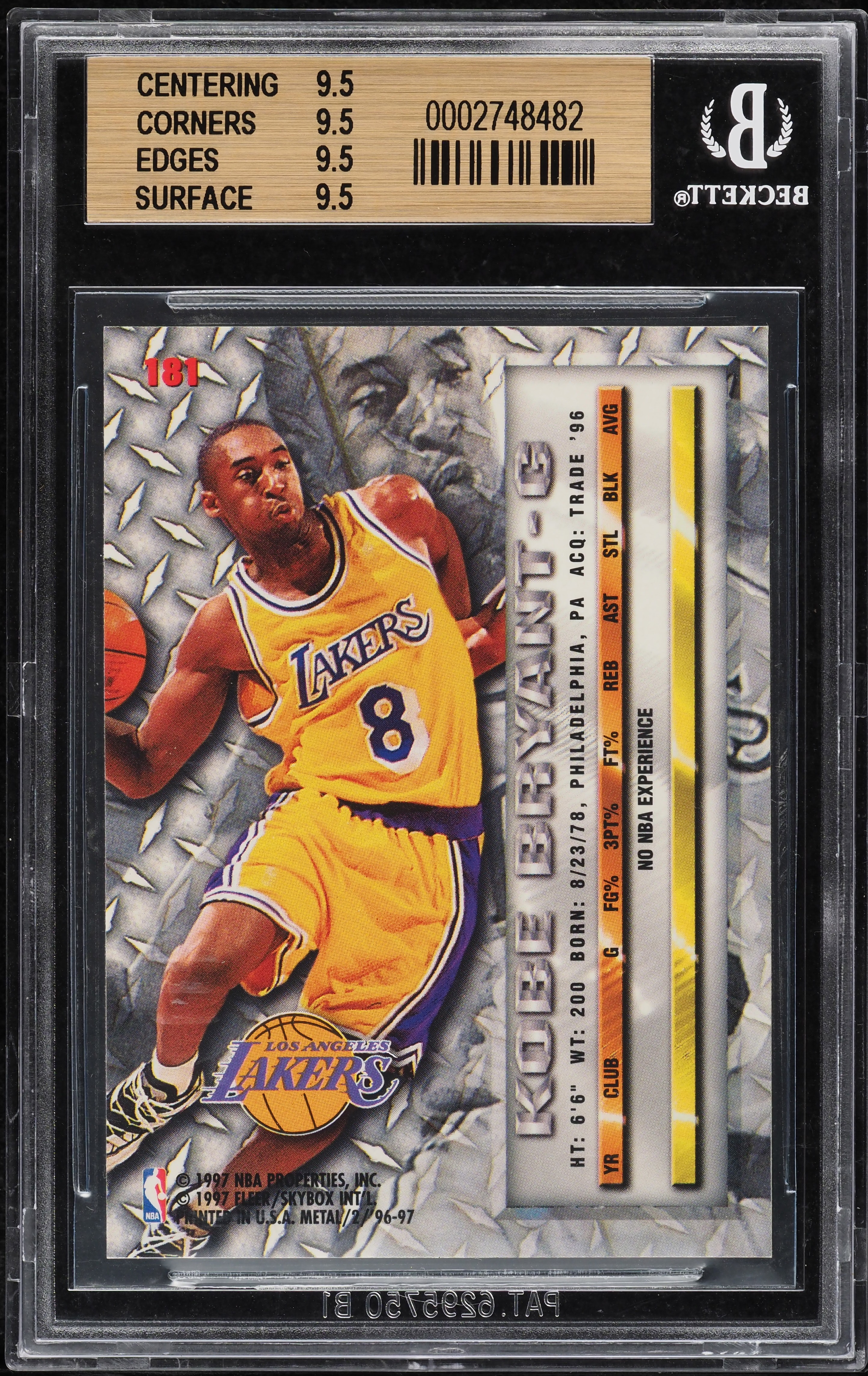 1996 Metal Basketball Kobe Bryant ROOKIE #181 BGS 9.5 GEM MINT on