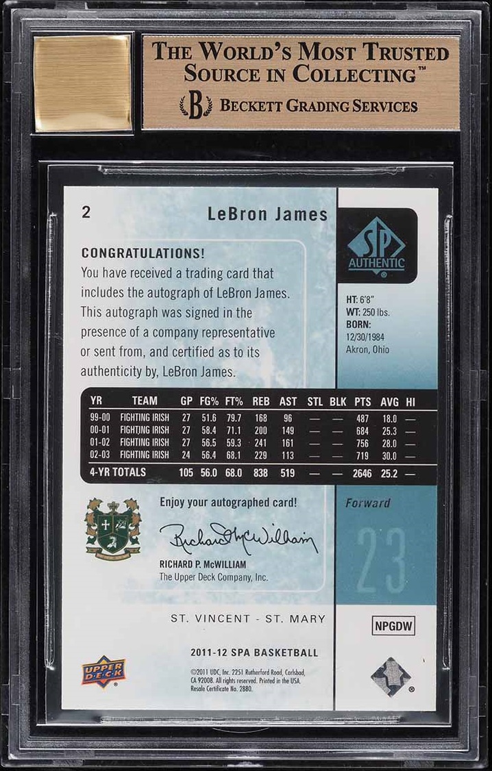 2011 SP Authentic LeBron James AUTO #2 BGS 9.5 GEM MINT
