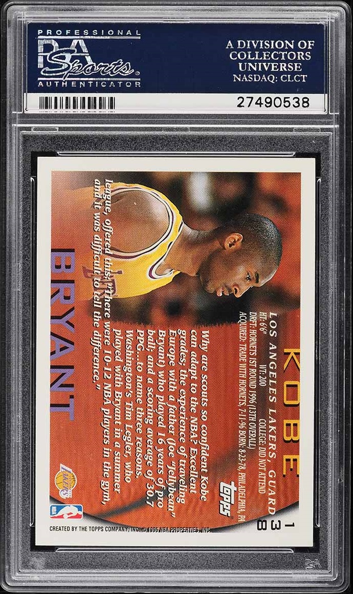 1996 Topps Basketball Kobe Bryant ROOKIE #138 PSA 10 GEM MINT