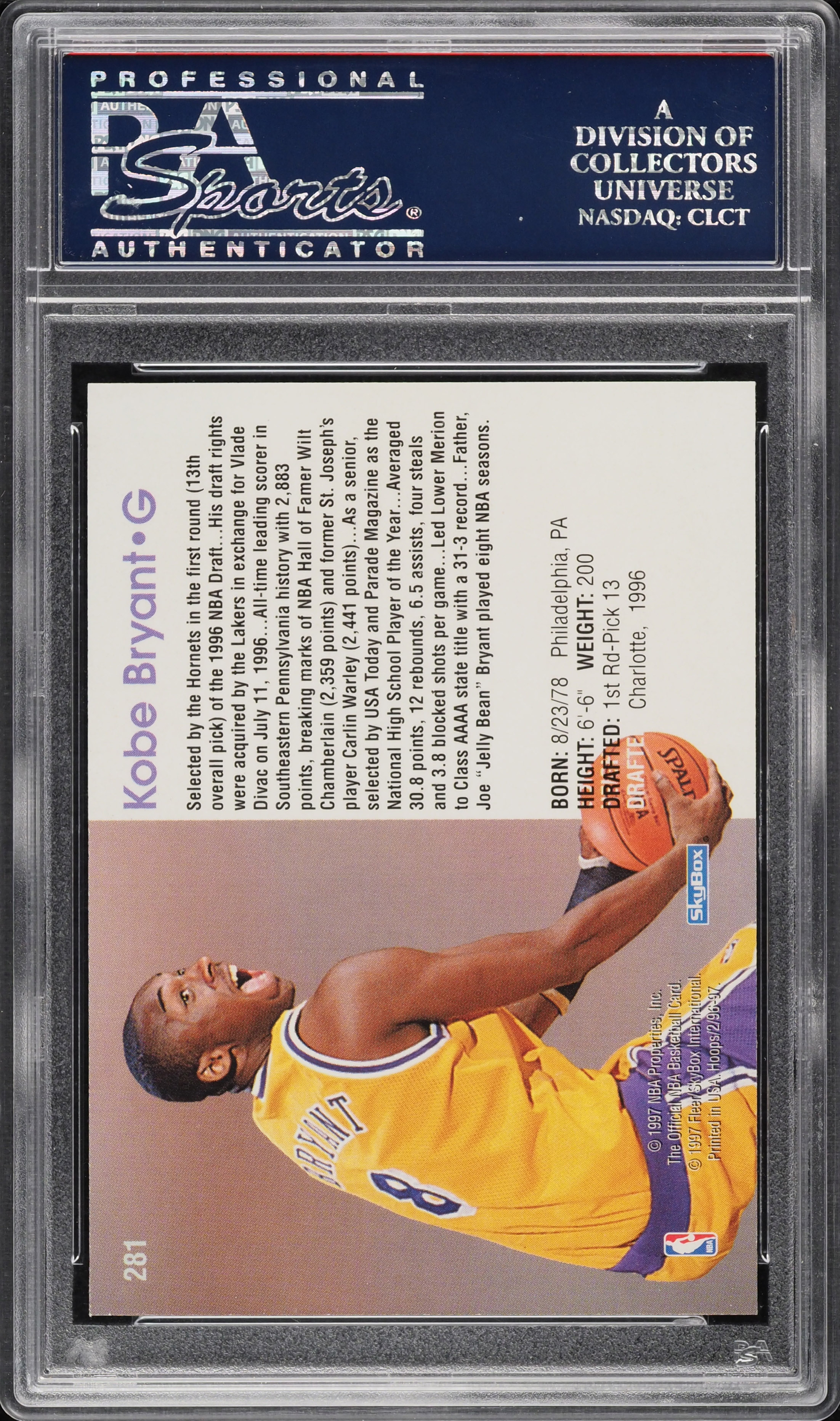 1996 Hoops Kobe Bryant ROOKIE #281 PSA 10 GEM MINT on Fanatics Collect