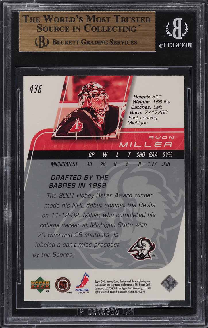 2002 Upper Deck Young Guns Ryan Miller ROOKIE RC #436 BGS 10 PRISTINE