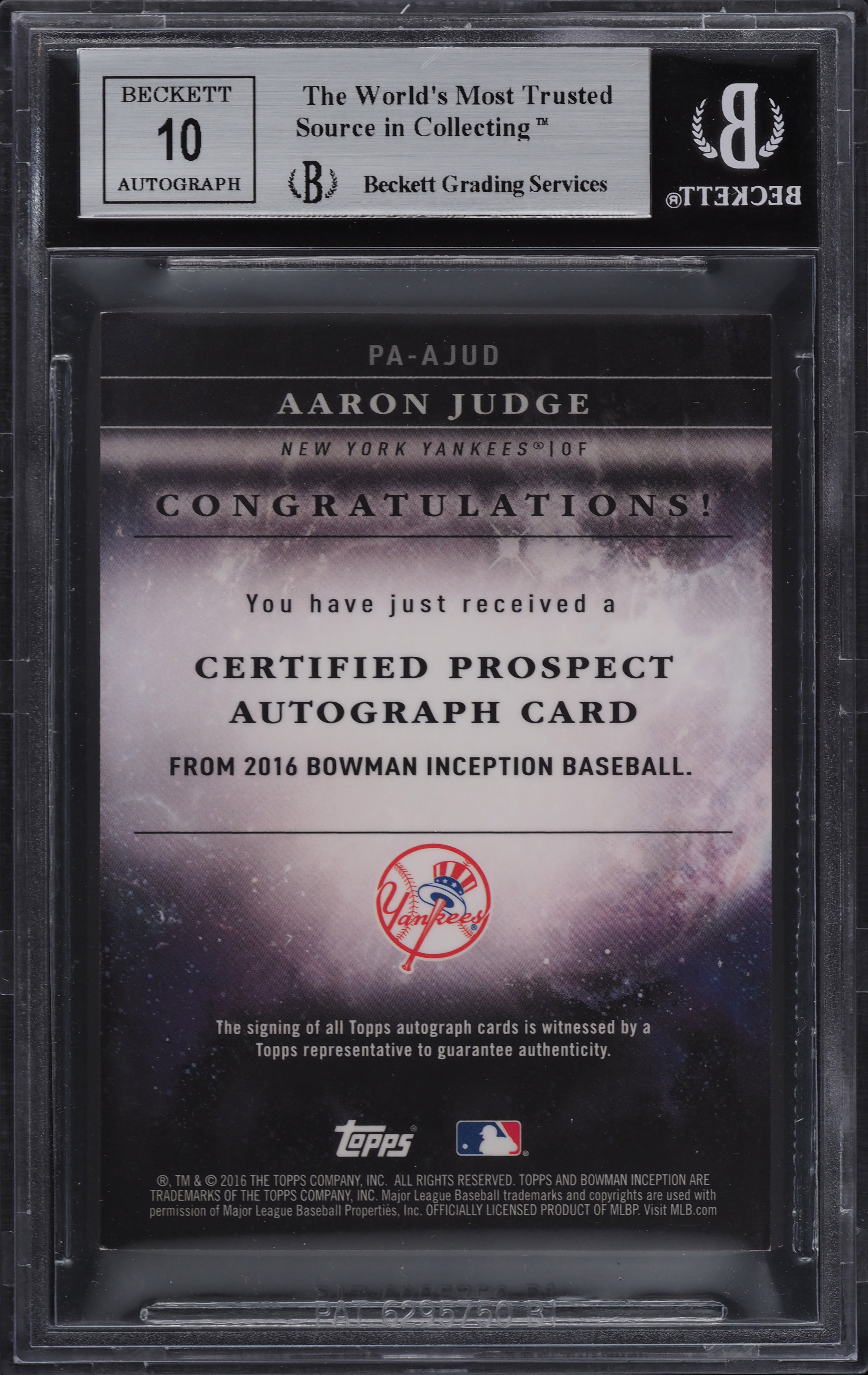 2016 Bowman Inception Aaron Judge ROOKIE RC AUTO #PA-AJUD BGS 9