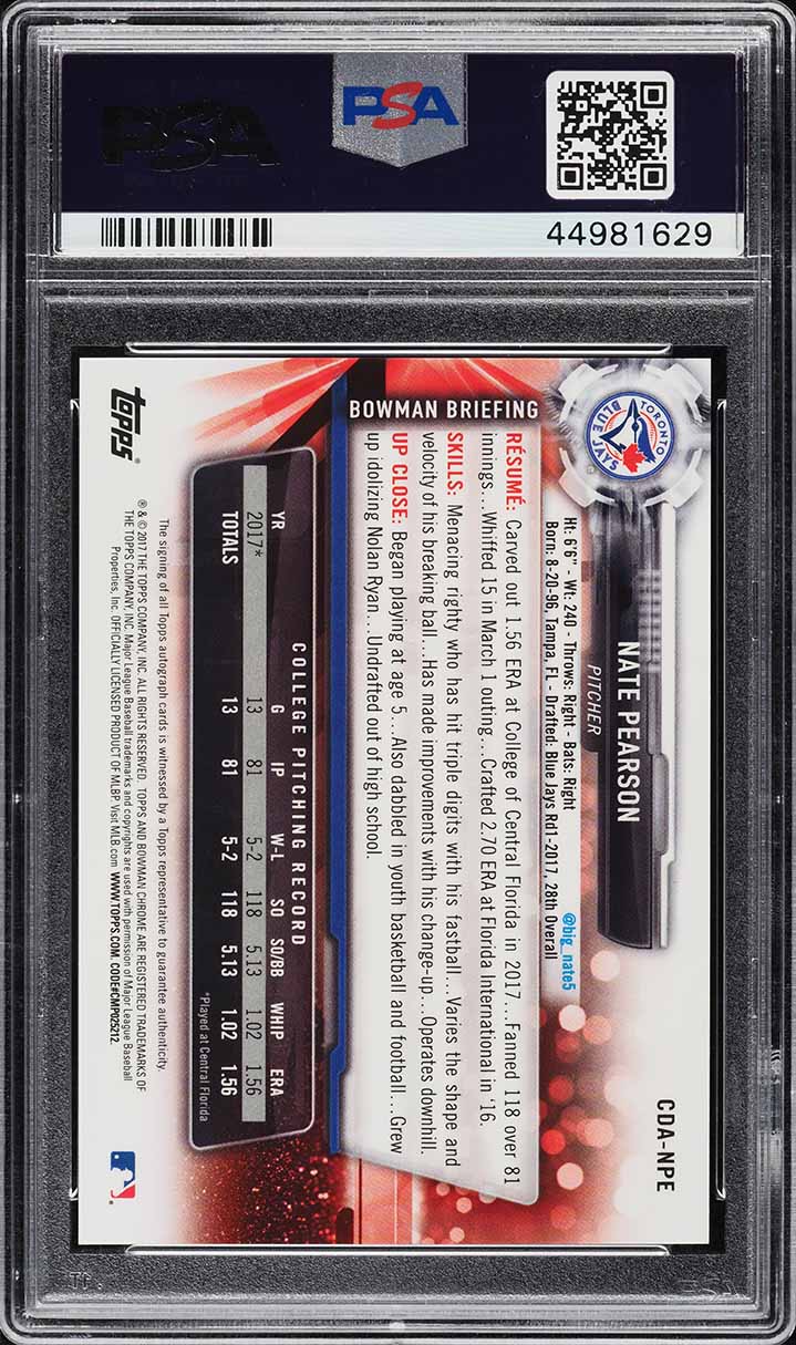 2017 Bowman Chrome Draft Nate Pearson ROOKIE AUTO PSA 10 GEM MINT