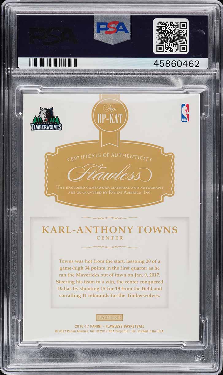 2016 Panini Flawless Karl-Anthony Towns PATCH AUTO DNA 8 /25 #DP-KAT PSA 10 GEM