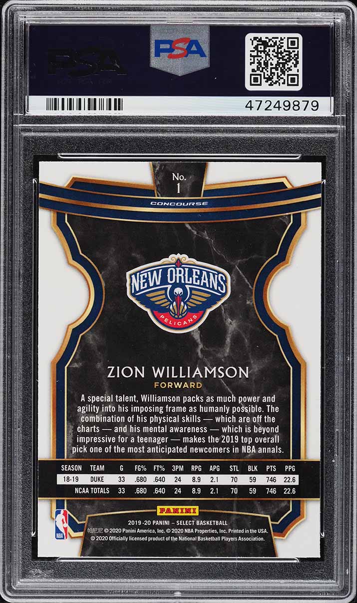 2019 Select Concourse Zion Williamson ROOKIE #1 PSA 10 GEM MINT