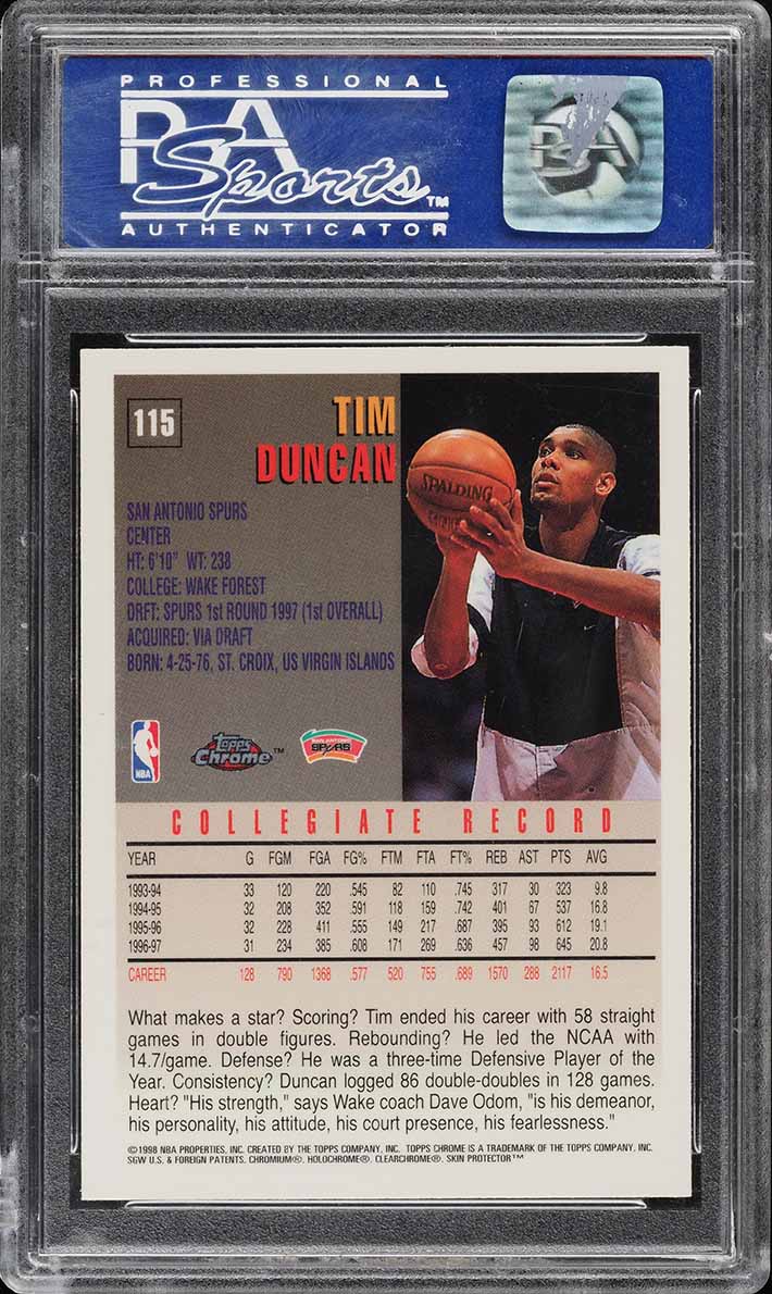 1997 Topps Chrome Tim Duncan ROOKIE #115 PSA 10 GEM MINT