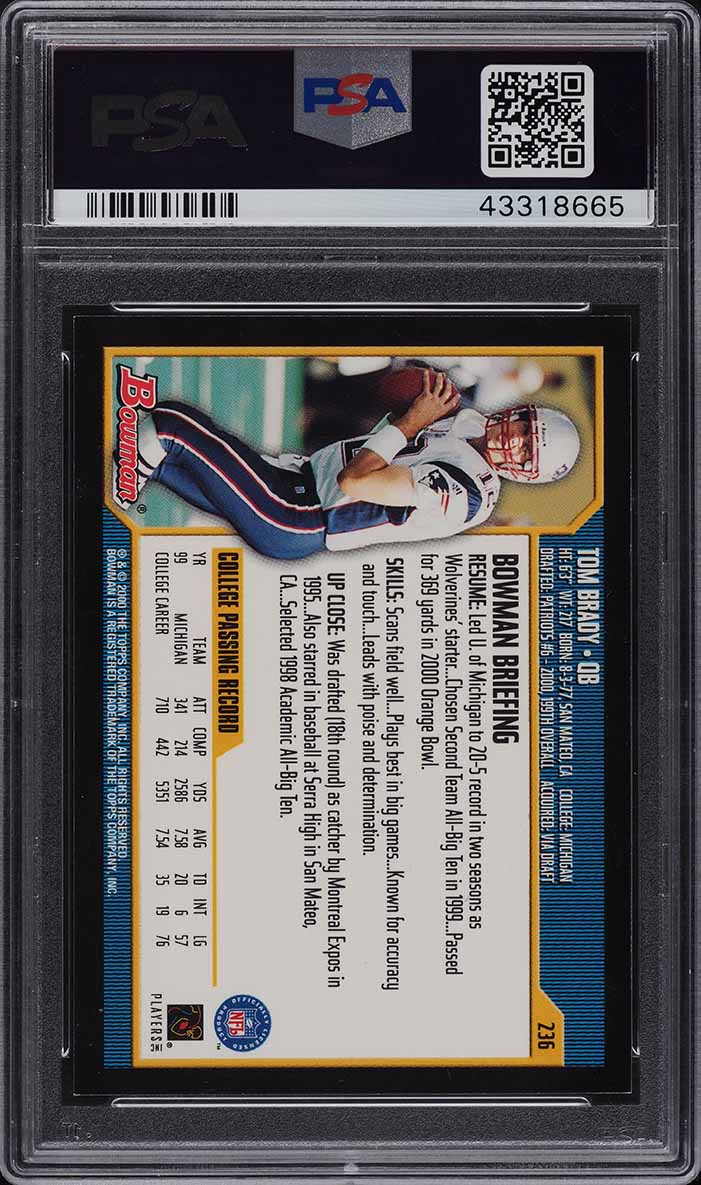 2000 Bowman Football Tom Brady ROOKIE RC #236 PSA 9 MINT