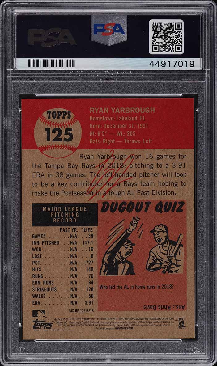 2018 Topps Living Ryan Yarbrough ROOKIE RC #125 PSA 10 GEM MINT