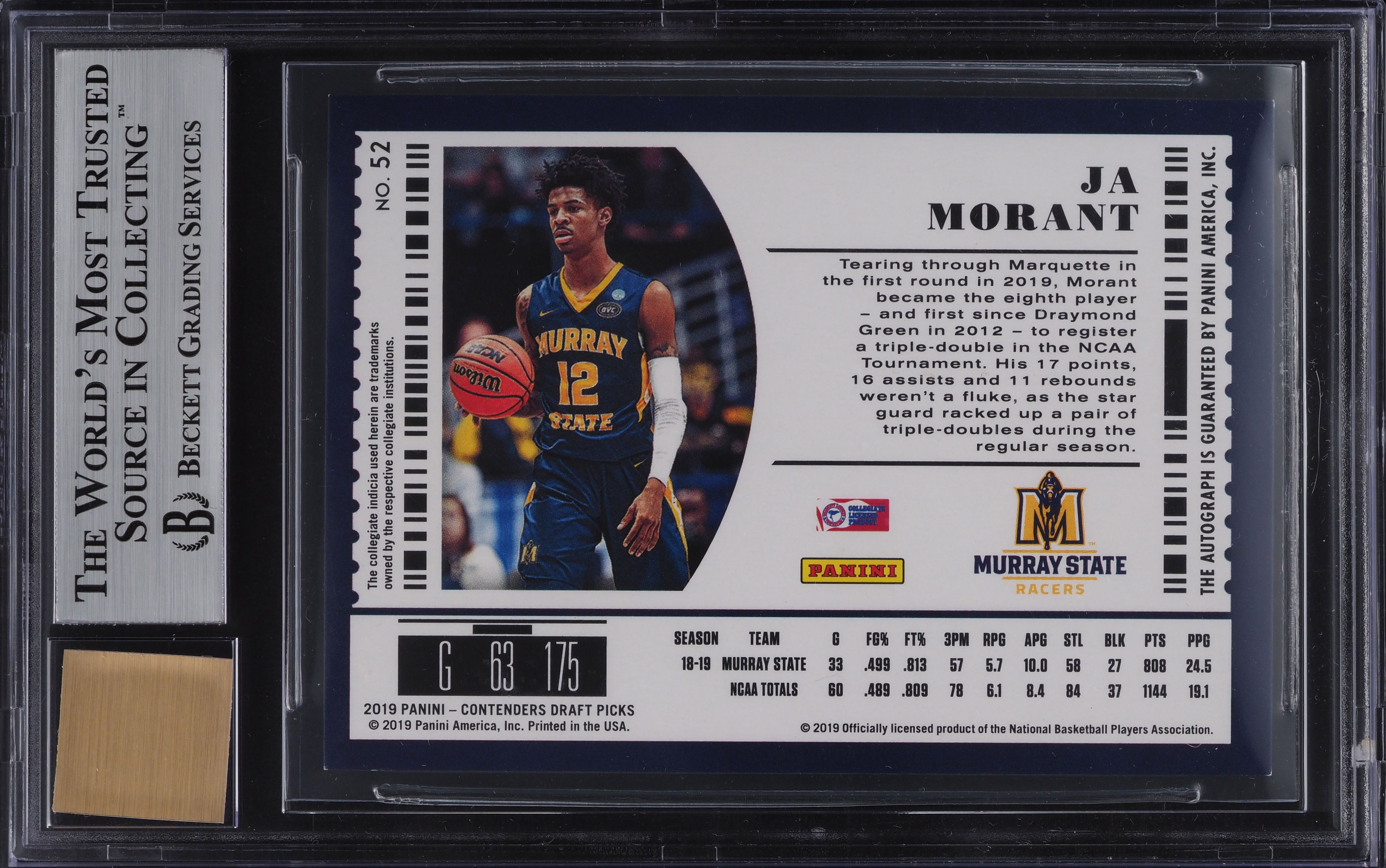 2019 Panini Contenders Draft Ticket Diamond Ja Morant ROOKIE AUTO
