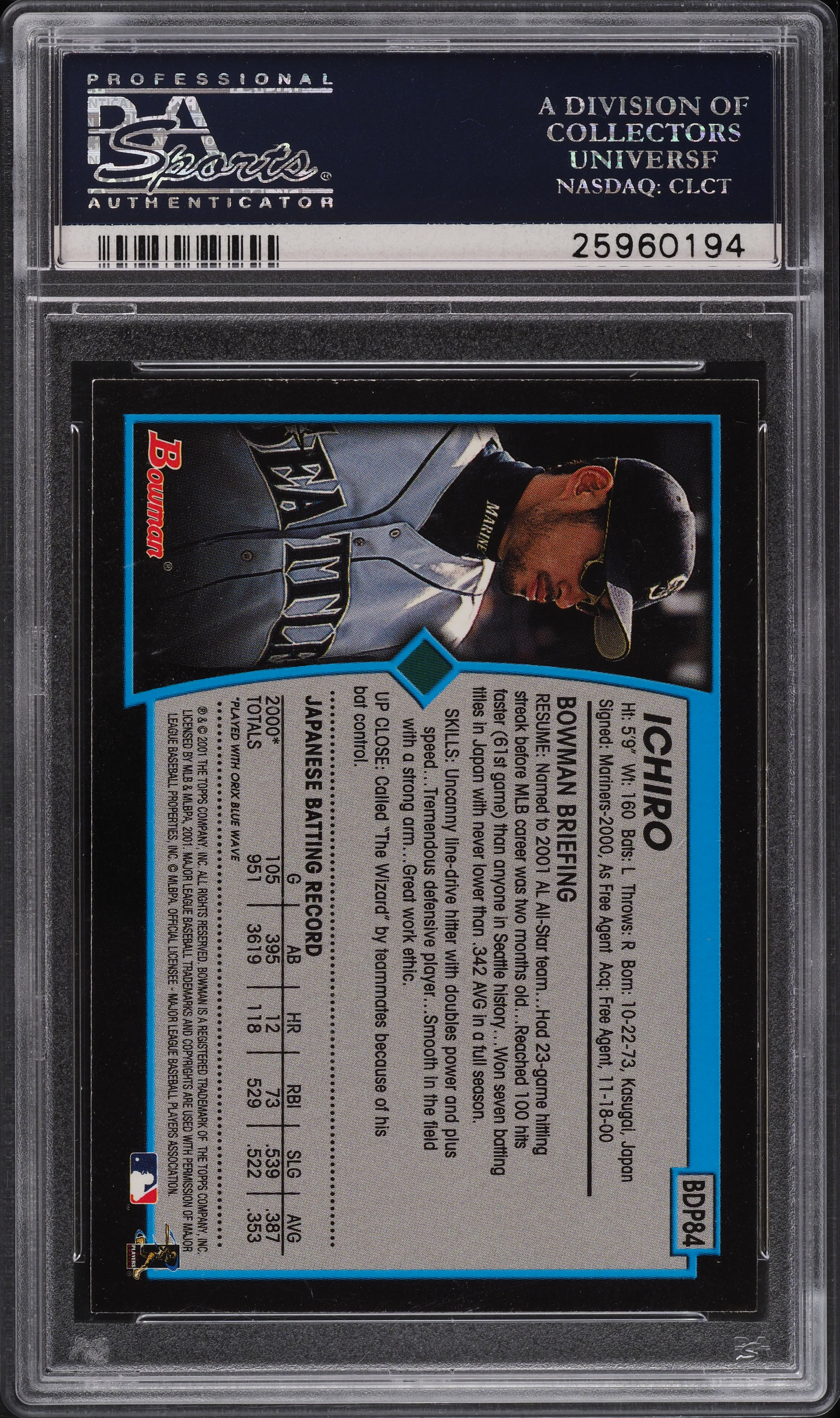 2001 Bowman Draft Picks Ichiro Suzuki ROOKIE RC #84 PSA 10 GEM