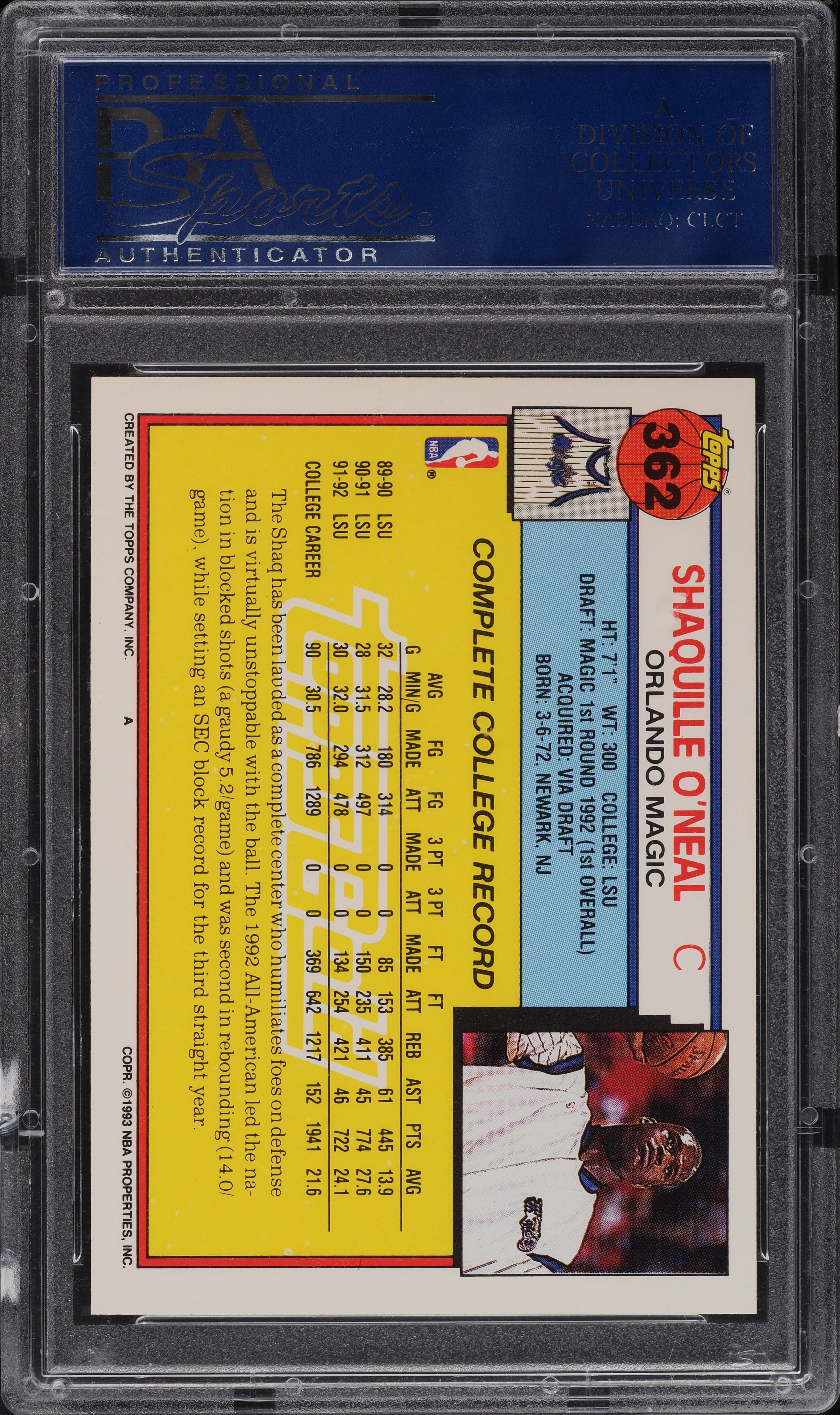 1992 Topps Gold Shaquille O'Neal ROOKIE #362 PSA 10 GEM MINT on