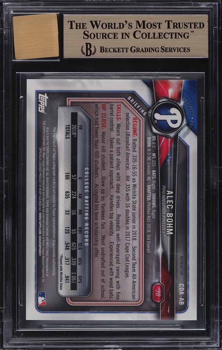 2018 Bowman Chrome Refractor Alec Bohm ROOKIE RC AUTO /499 BGS 9.5